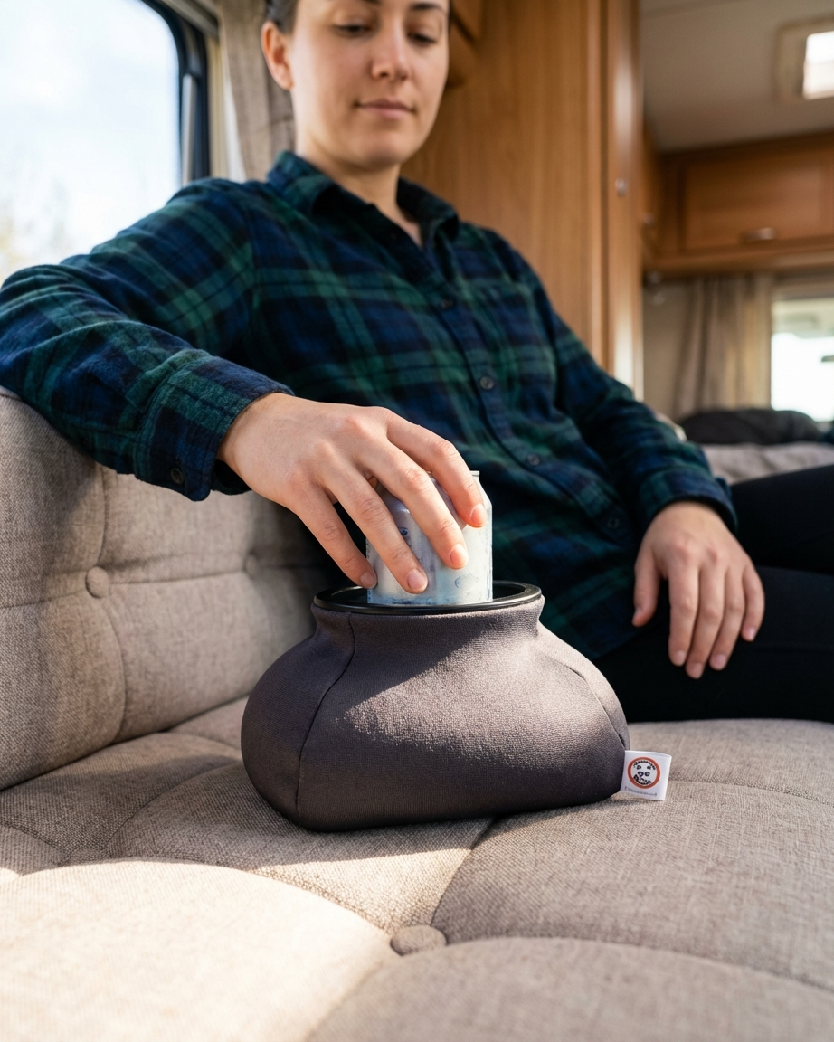 A woman in a plaid shirt places a can into a soft, fabric-covered cooler on a beige couch inside a recreational vehicle.
