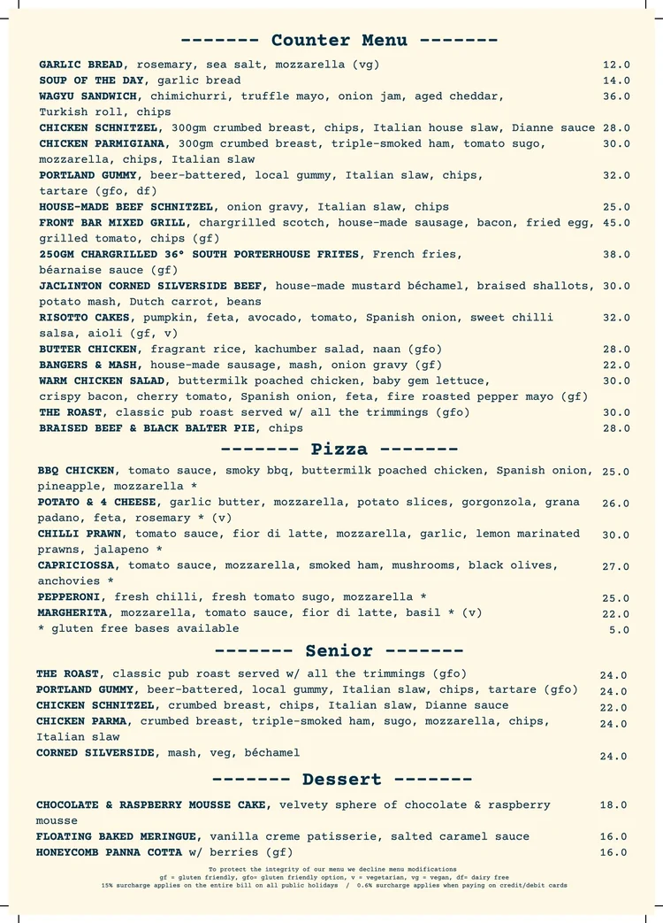 Front Room Menu Front Bar Menu — The Whalers Hotel