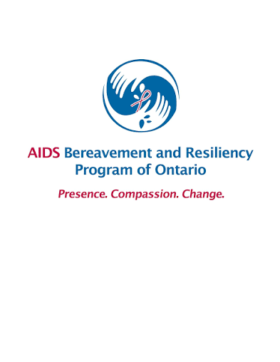 Image of two hands gently holding a red ribbon. AIDS Bereavement and Resiliency Program of Ontario. Presence. Compassion. Change.