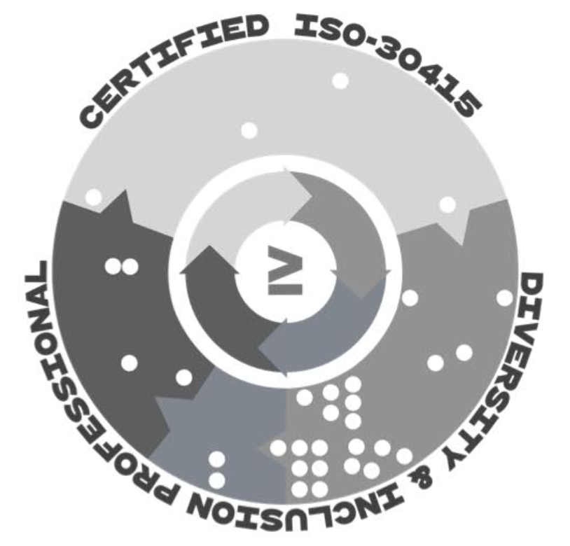 Circular certification badge reading “Certified ISO-30415 Diversity & Inclusion Professional,” featuring abstract figures and circular arrows around a central icon.
