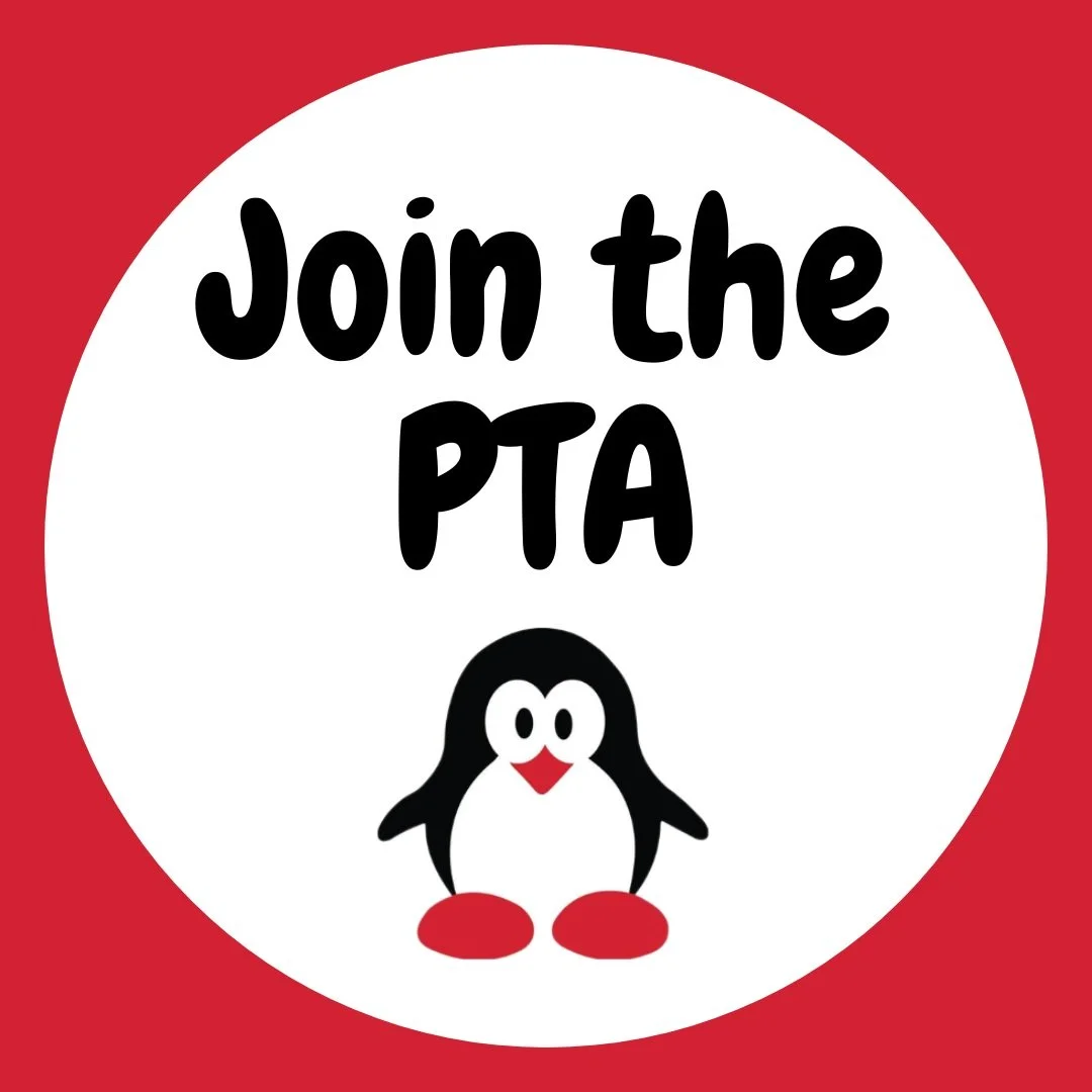 Red background with a white circle in the center containing the text 'Join the PTA' in bold black letters. A cute cartoon penguin with black and white coloring, a red beak, and red feet is beneath the text.