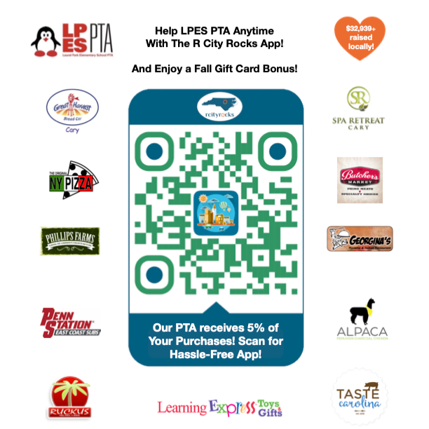 A flyer featuring a large QR code in the center promoting support for LPES PTA and the R City Rocks App. The flyer includes logos of local businesses, a donation amount of $32,939+ raised, and text encouraging scanning the QR code for a PTA donation,