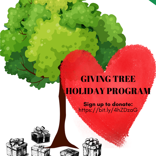 Illustration of a tree with green foliage and a red heart with text promoting the Giving Tree Holiday Program and a link to sign up to donate.