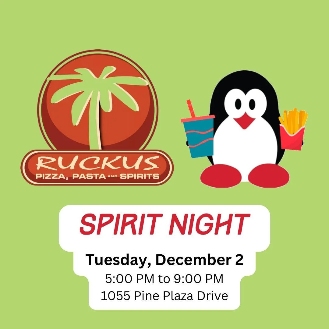 See you TONIGHT! We love seeing our LPES families at our Spirit Nights. Come join us at Ruckus from 5pm to 9pm at 1055 Pine Plaza Drive! 🐧🍕🍝