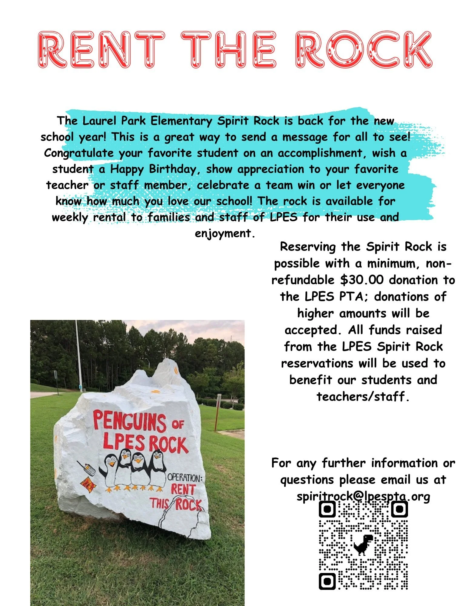 Several weeks are still open from now until the end of the school year to Rent the Rock.  Secure your week now.

Want to let the entire school know about your student's birthday? Have a teacher that you want to give a shout out! Is your favorite team