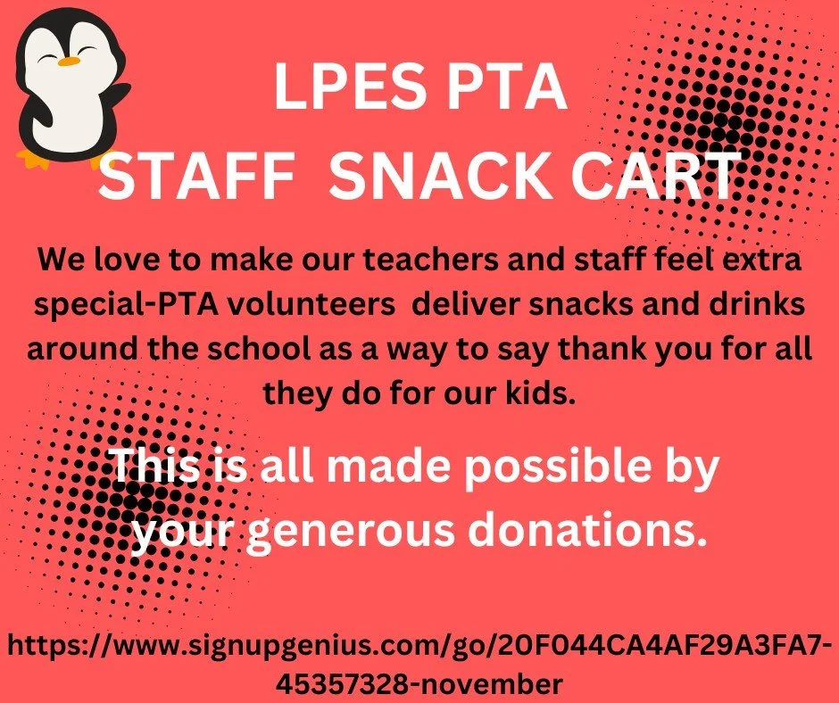Our next Staff Snack Cart is February 16th.  The PTA is asking for donations.  We have added some new items to our Amazon Wish List.  Check out the Sign up here: https://www.signupgenius.com/go/20F044CA4AF29A3FA7-45357328-november