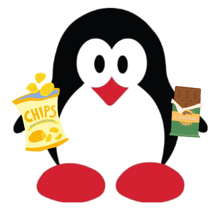 Cartoon penguin holding a bag of chips in one flipper and a chocolate bar in the other.