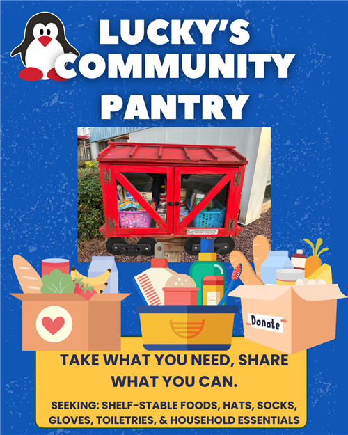Flyer for Lucky's Community Pantry, showing a red cart with snacks inside, surrounded by illustrations of food items and boxes, with a penguin logo and a message to donate or share pantry items.