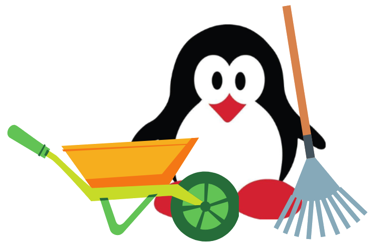 A cartoon penguin with a red beak and feet, surrounded by cleaning tools like a broom, mop, and bucket, with a lime and a shopping cart.
