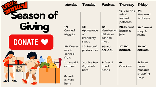 Weekly meal plan titled 'Season of Giving' with days of the week and meal suggestions, along with a red 'DONATE' button, and cartoon illustrations of children with a food drive.