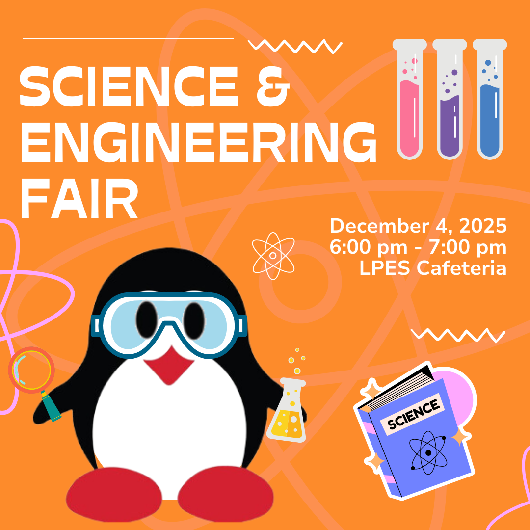 Poster for a Science & Engineering Fair featuring a cartoon penguin with goggles, surrounded by test tubes, a science book, a flask, and atom symbols on an orange background.