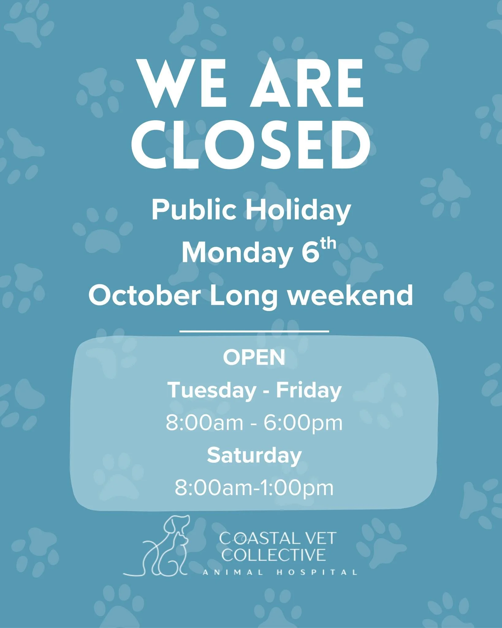 📣 Public Holiday Closure Notice 🐾
Heads up, pet parents!
We’ll be closed on Monday, October 6th for the long weekend public holiday.
✈️ Going away?
- Need vaccinations updated?
- Running low on medication?
Make sure your furry friend is al
