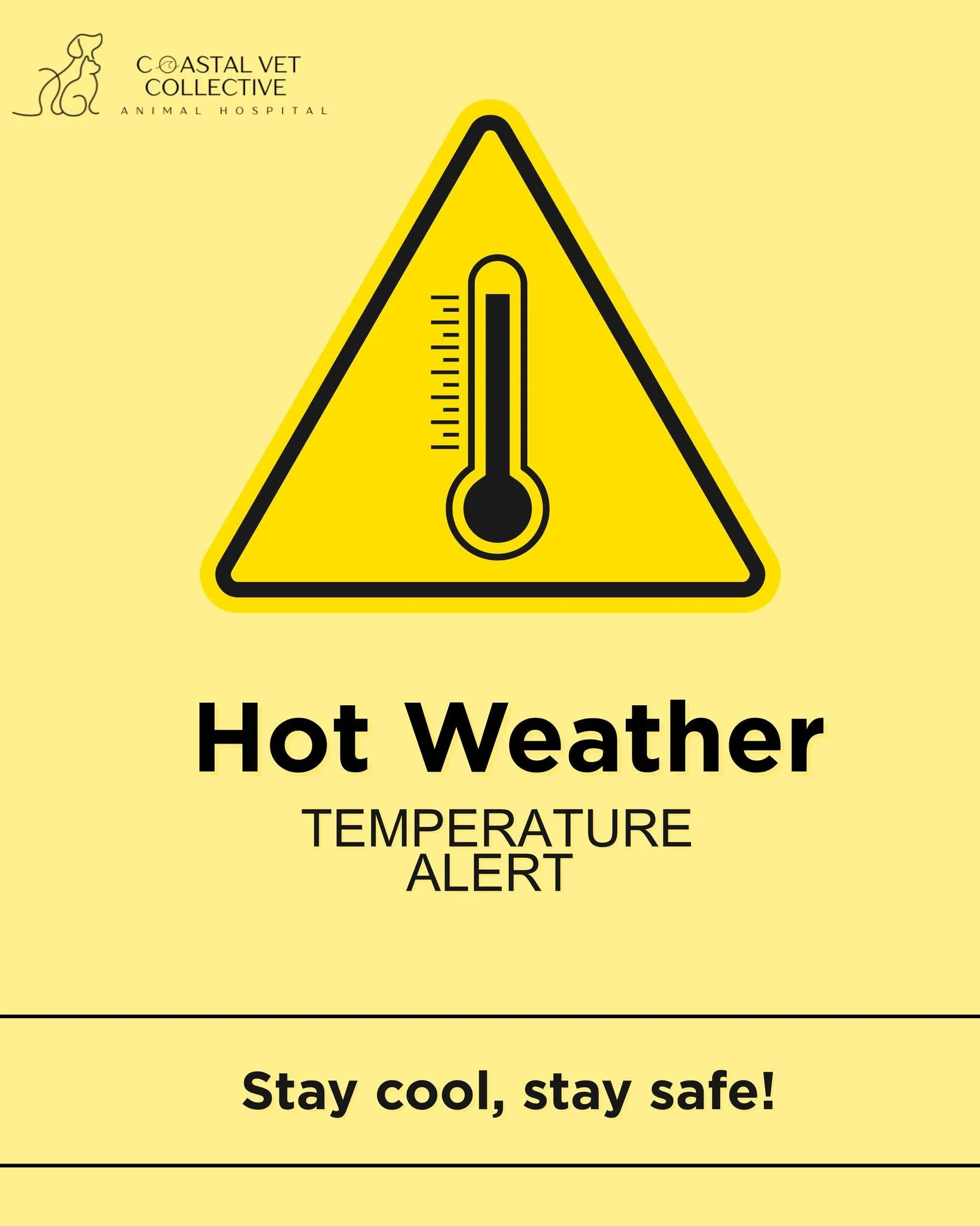 ☀️ HOT WEATHER WARNING: KEEP YOUR PETS SAFE! ☀️

Temperatures are rising, and our furry friends feel the heat too! 
 Pets are especially vulnerable to heatstroke, dehydration, and burned paws during extreme heat.

✅ DO:

Provide fresh, cool water at 