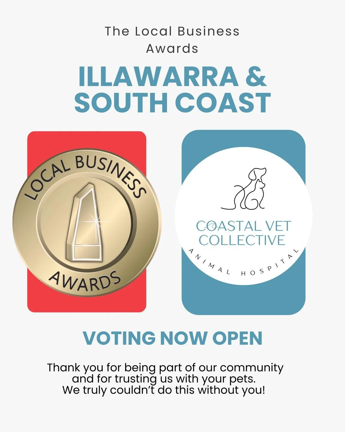 🐾 We need your support! 🐾

If you&rsquo;ve ever trusted us with your furry (or feathered) family members, we&rsquo;d be so grateful for your vote in the Local Business Awards! 

Our team at Coastal Vet Collective Animal Hospital works hard every da