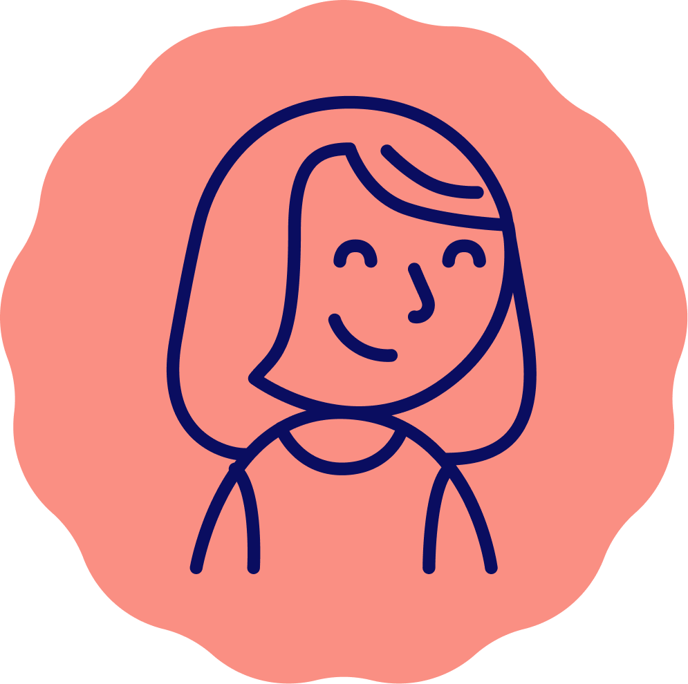 Large Katey Cares Logo Icon: The logo is a line drawing of a smiling, caring woman