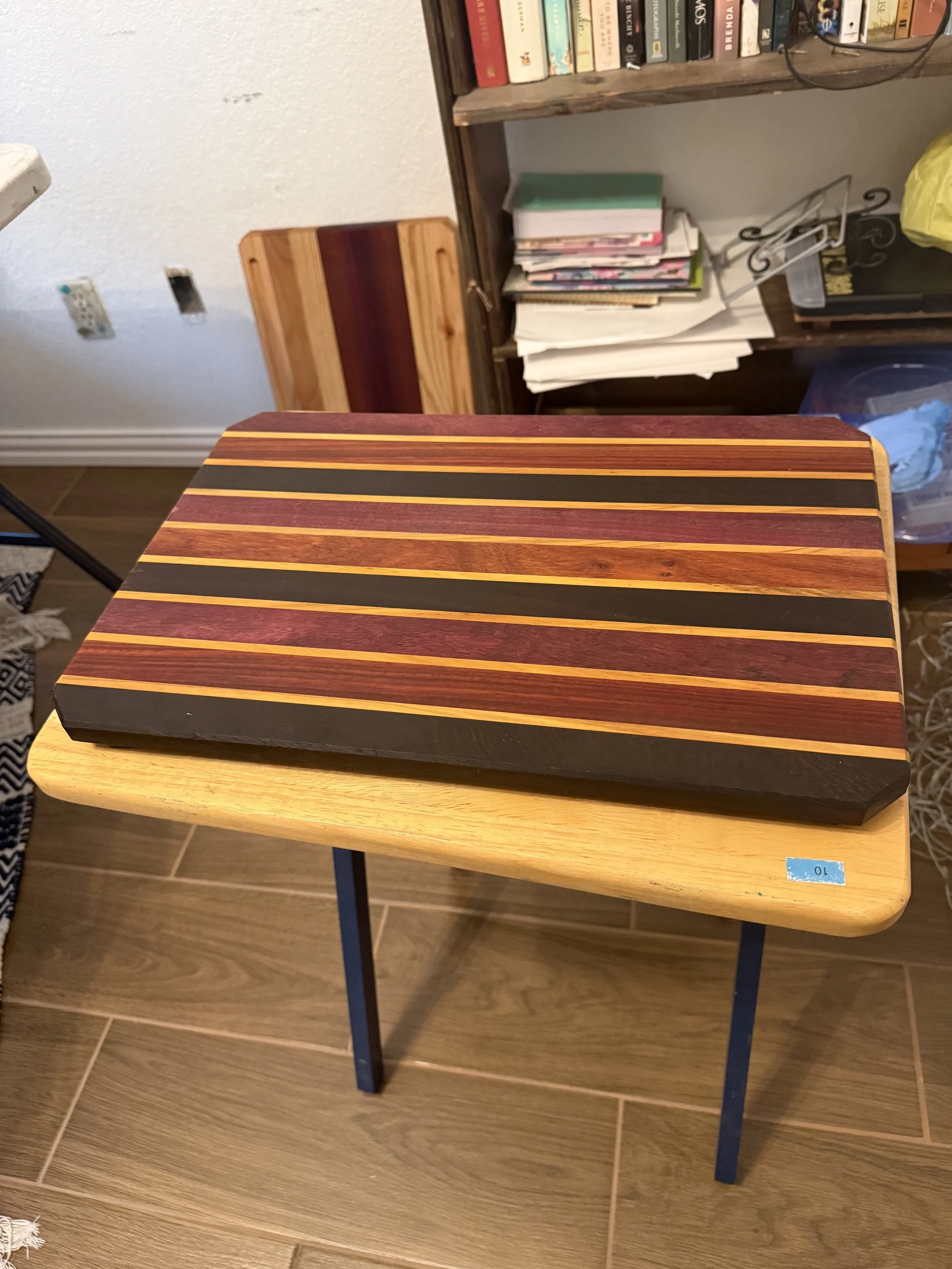 Large upcycled exotic hardwood cutting board with matching coasters/trivets
