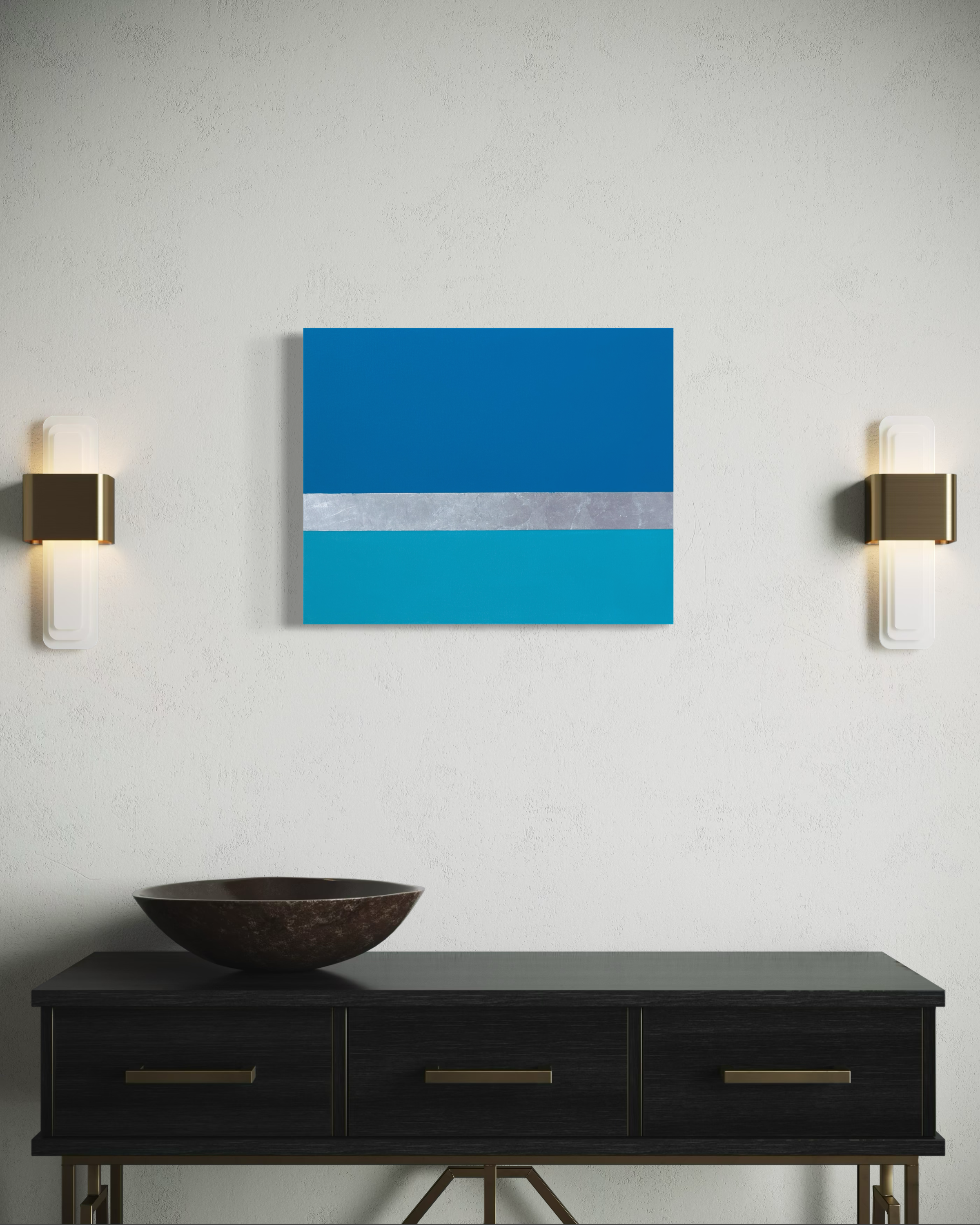 Line Call, minimalist tennis-inspired mixed media painting with silver leaf by Megumi Yoshida