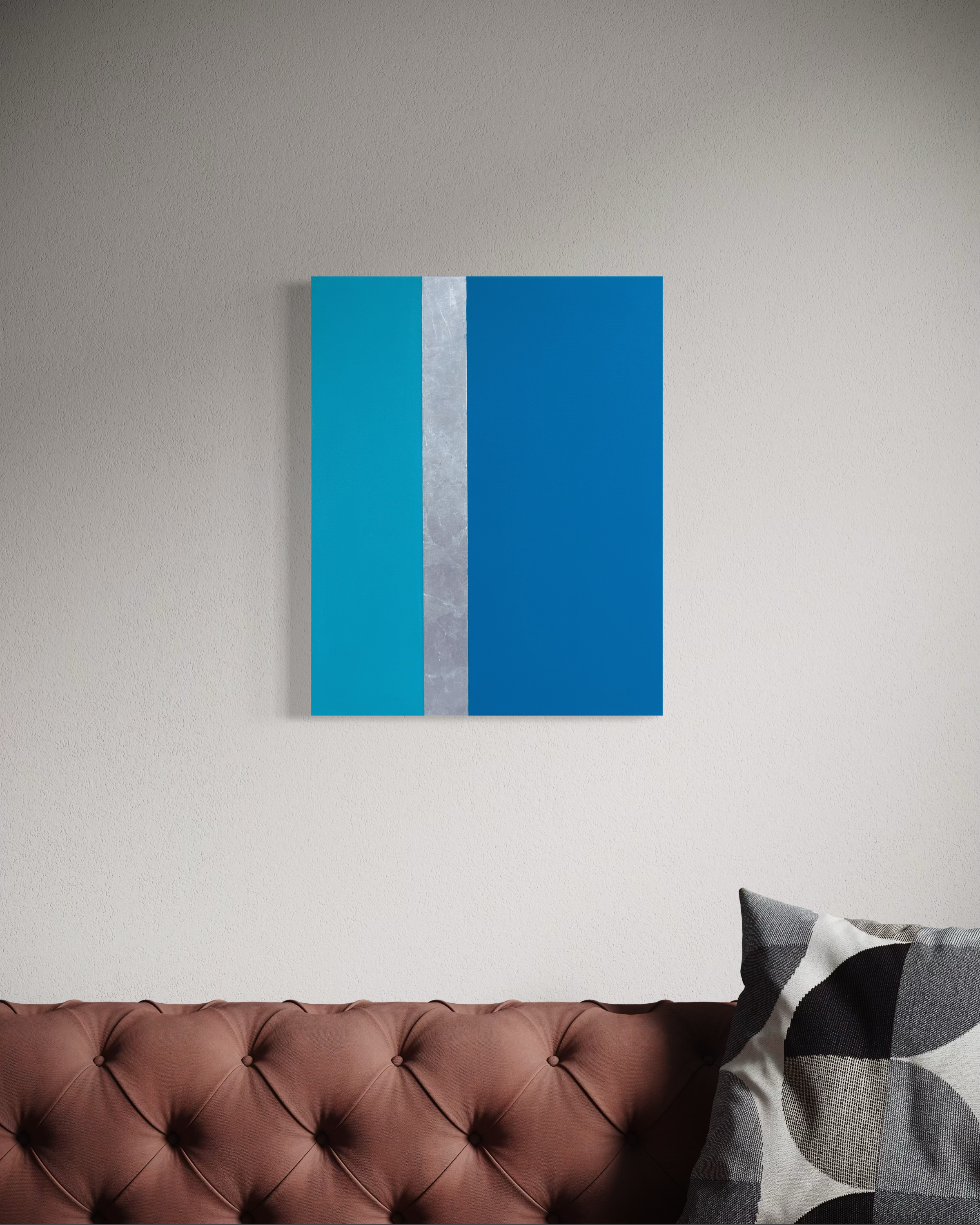 Line Call, minimalist tennis-inspired mixed media painting with silver leaf by Megumi Yoshida