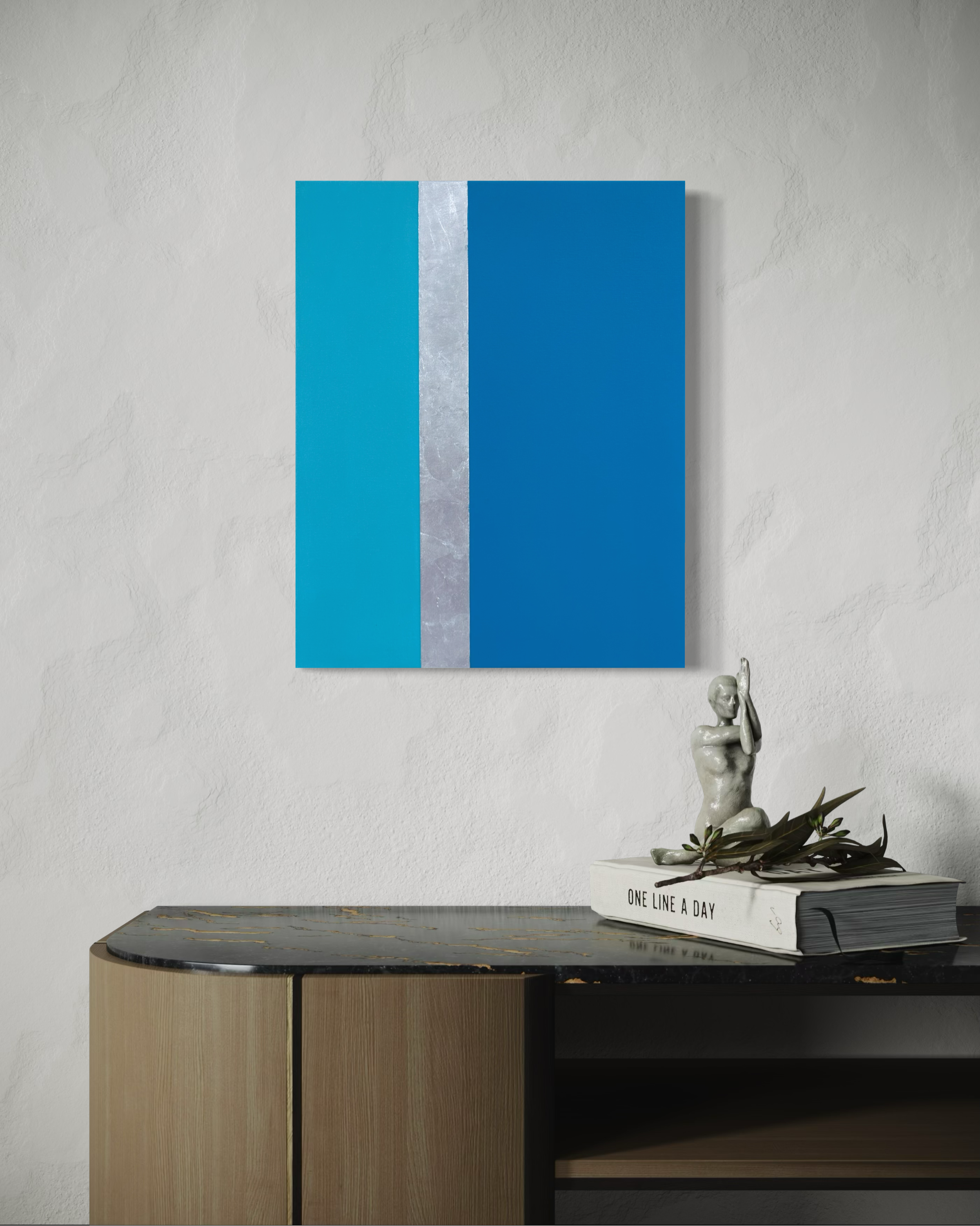 Line Call, minimalist tennis-inspired mixed media painting with silver leaf by Megumi Yoshida