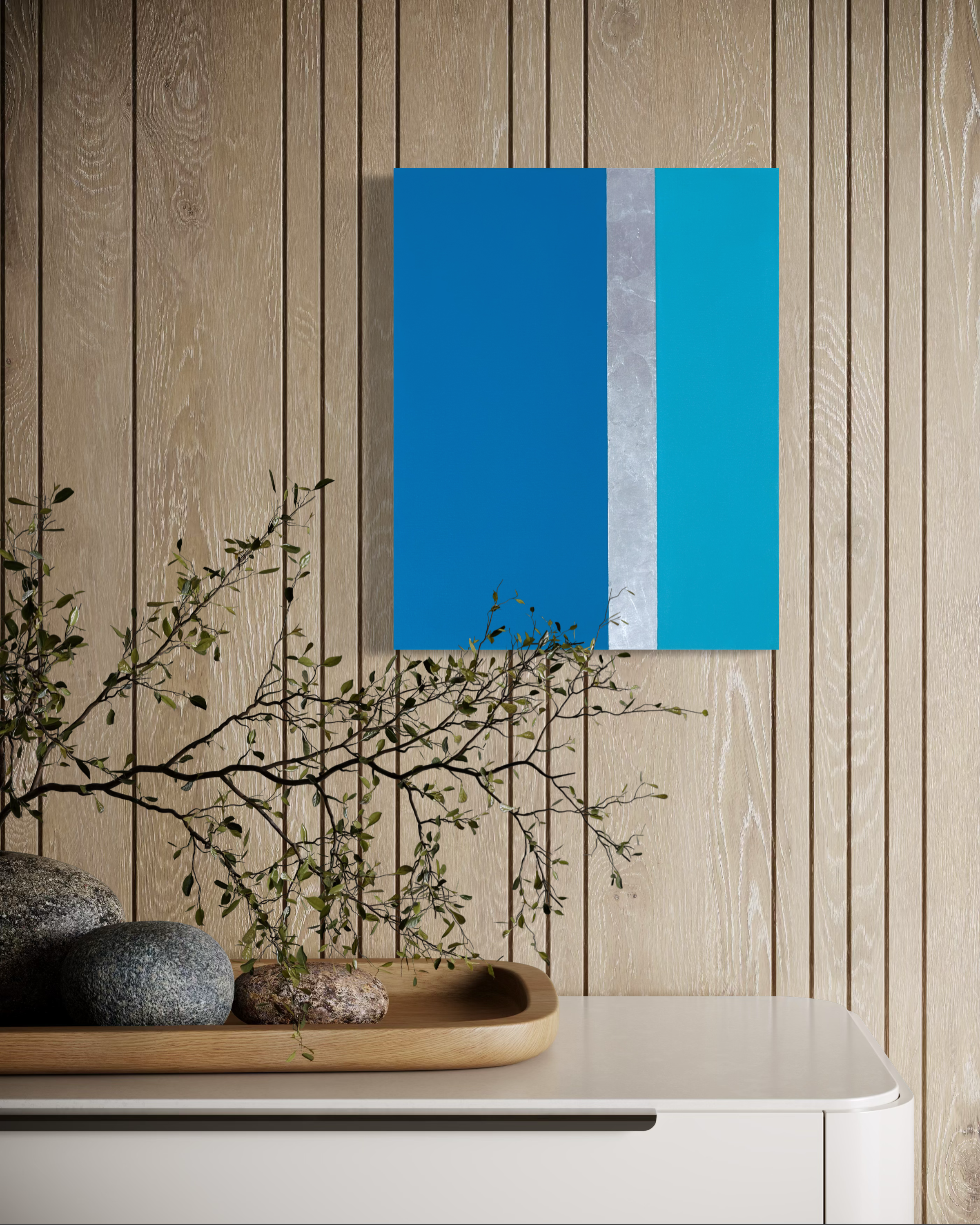 Line Call minimalist mixed media painting displayed on wall, tennis-inspired contemporary art