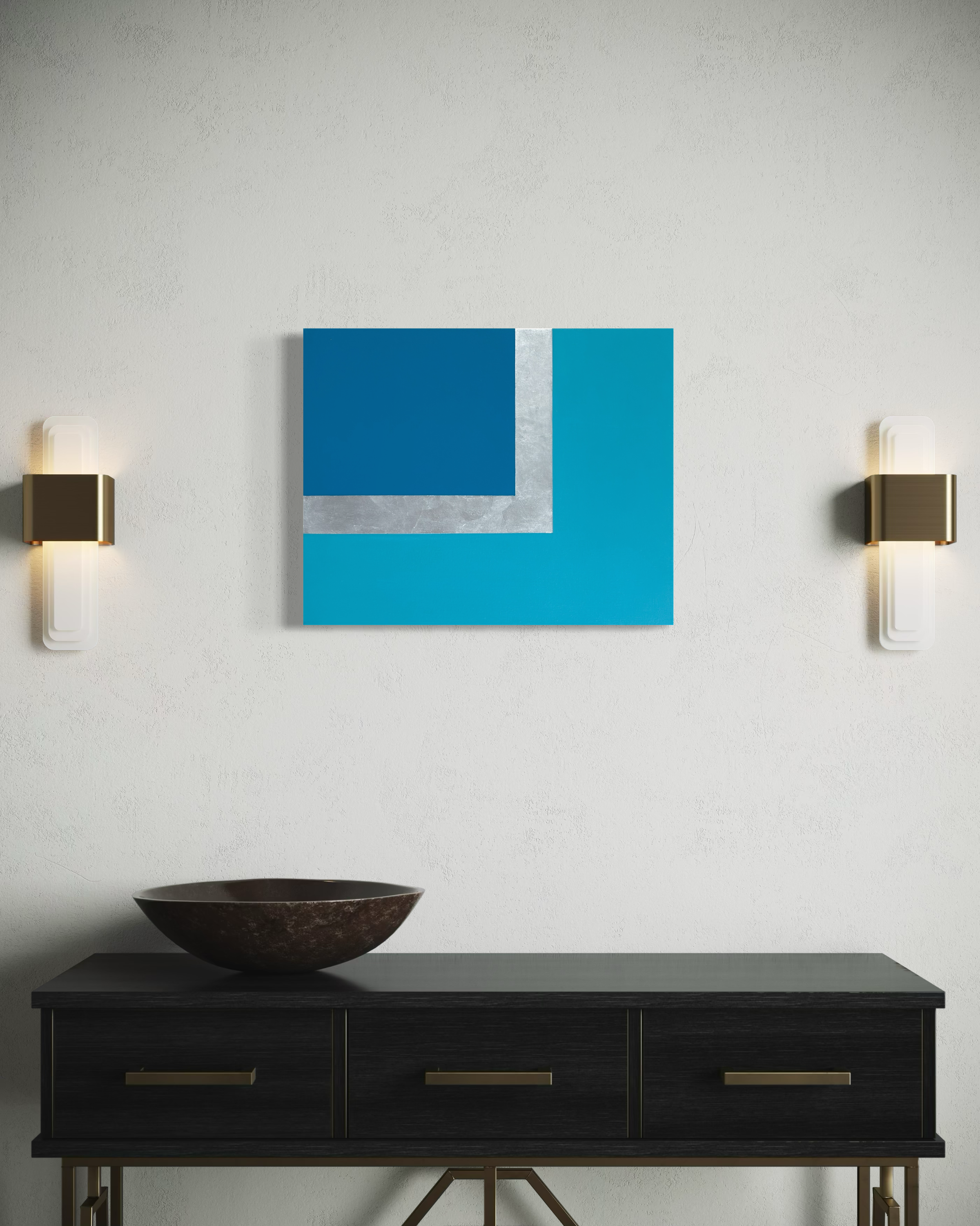 Line Call minimalist mixed media painting displayed on wall, tennis-inspired contemporary art