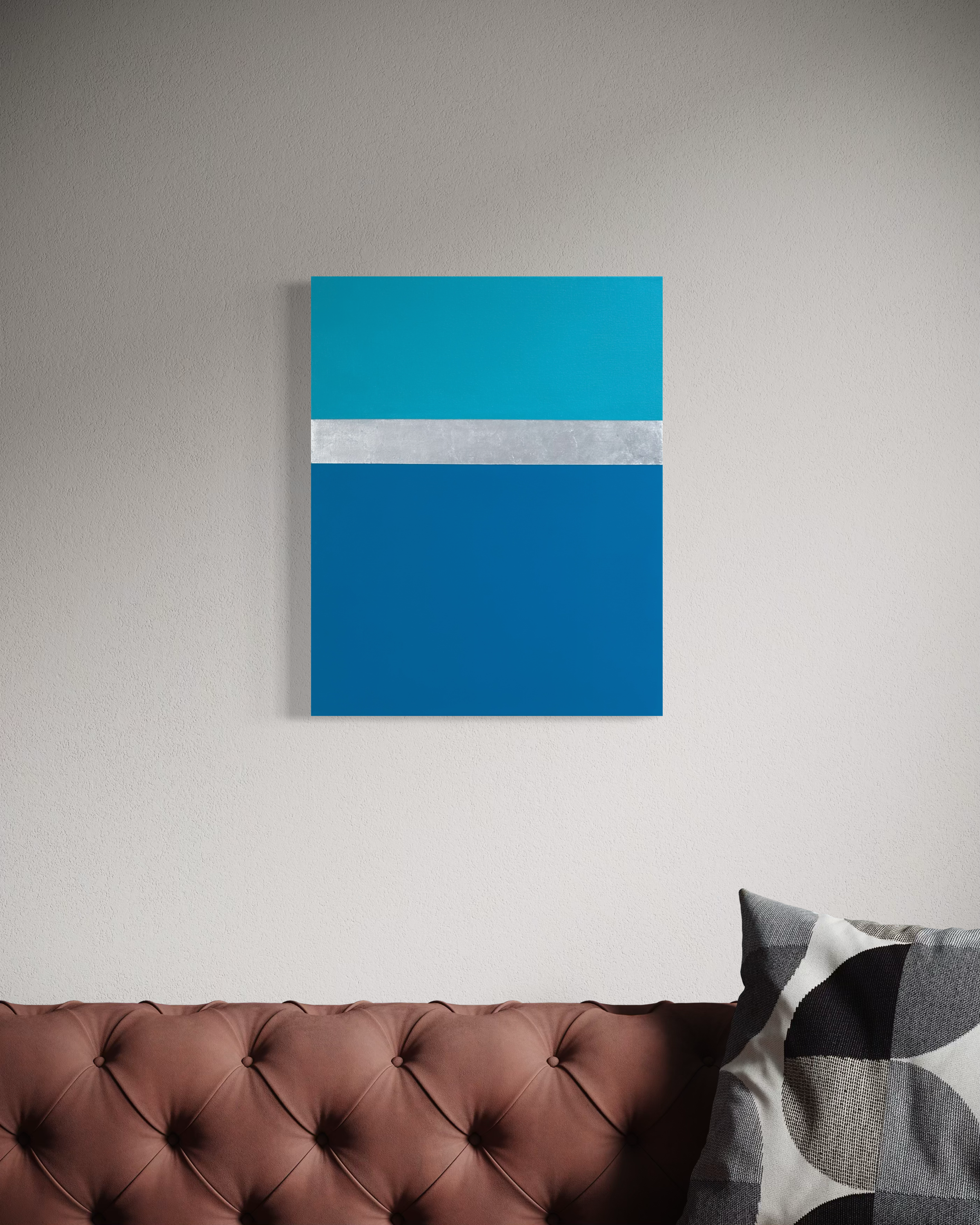 Line Call No.06, minimalist tennis-inspired mixed media painting with silver leaf by Megumi Yoshida