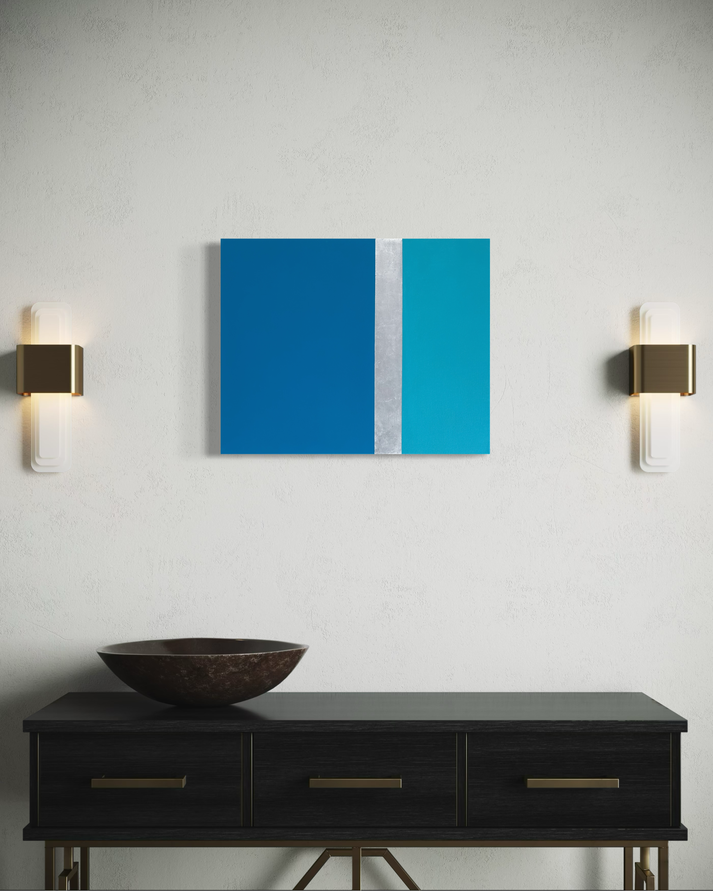 Line Call No.06, minimalist tennis-inspired mixed media painting with silver leaf by Megumi Yoshida