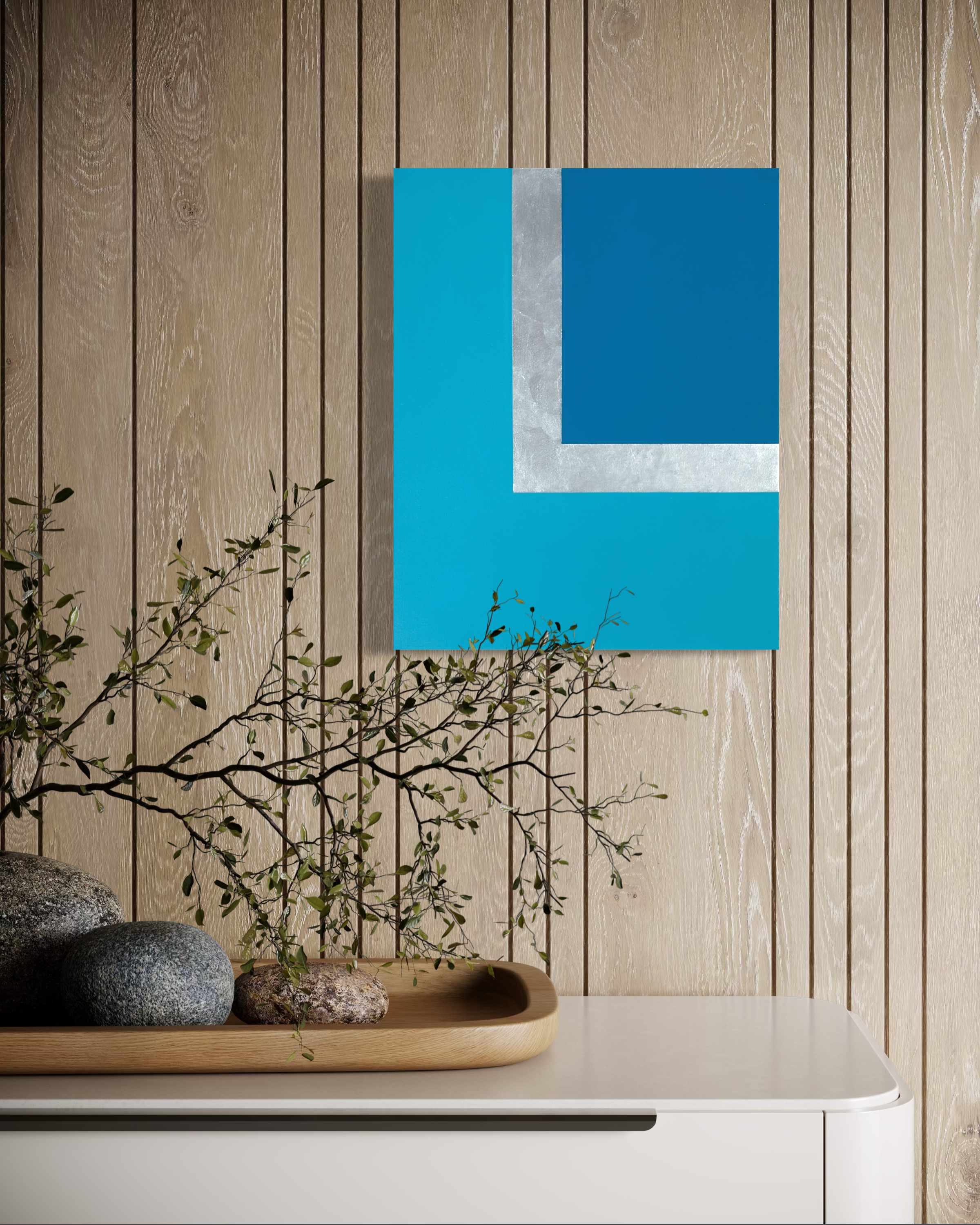 Line Call No.04 minimalist mixed media painting displayed on wall, tennis-inspired contemporary art