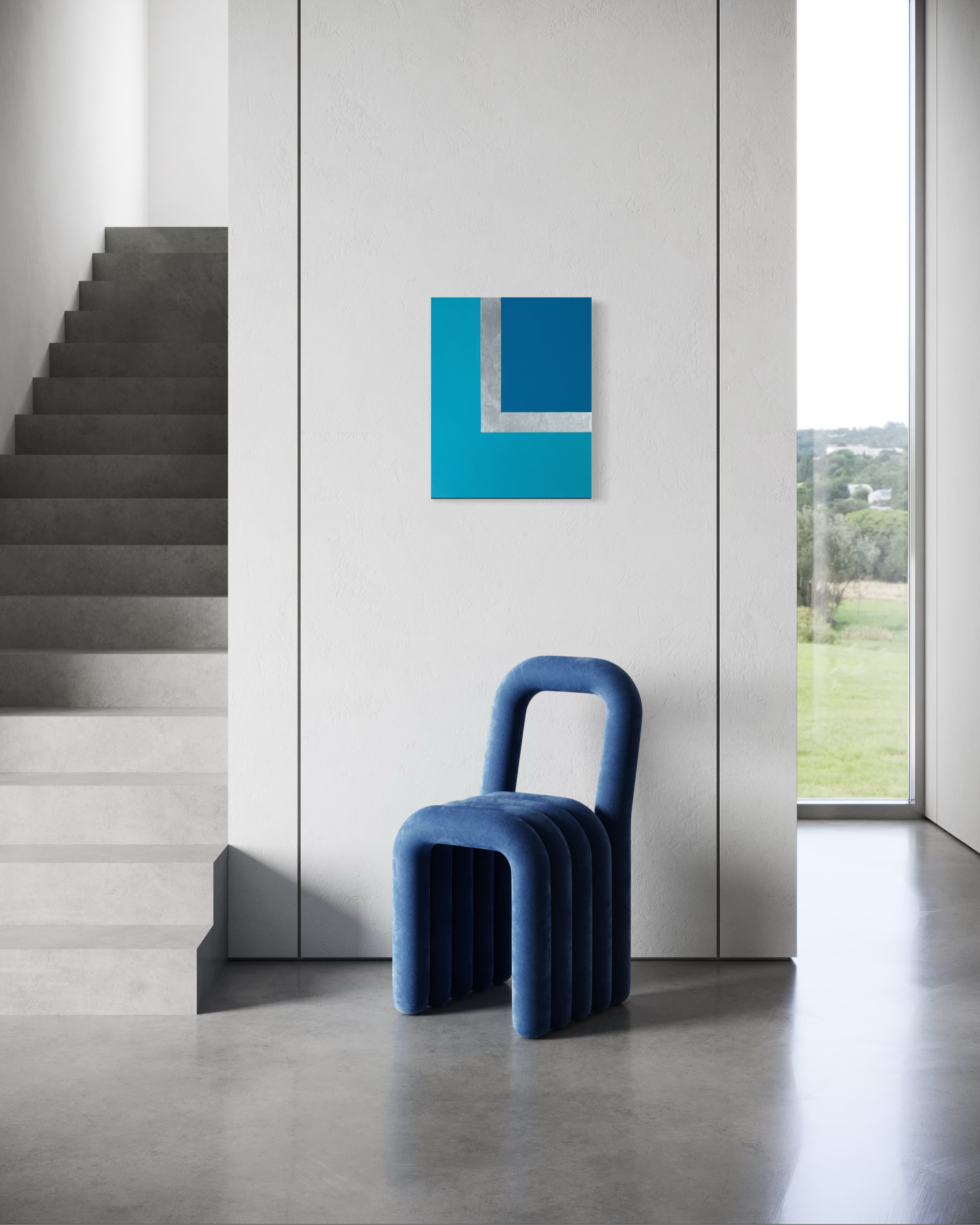 Minimalist tennis-inspired mixed media painting with silver leaf, Line Call No.04 by Megumi Yoshida