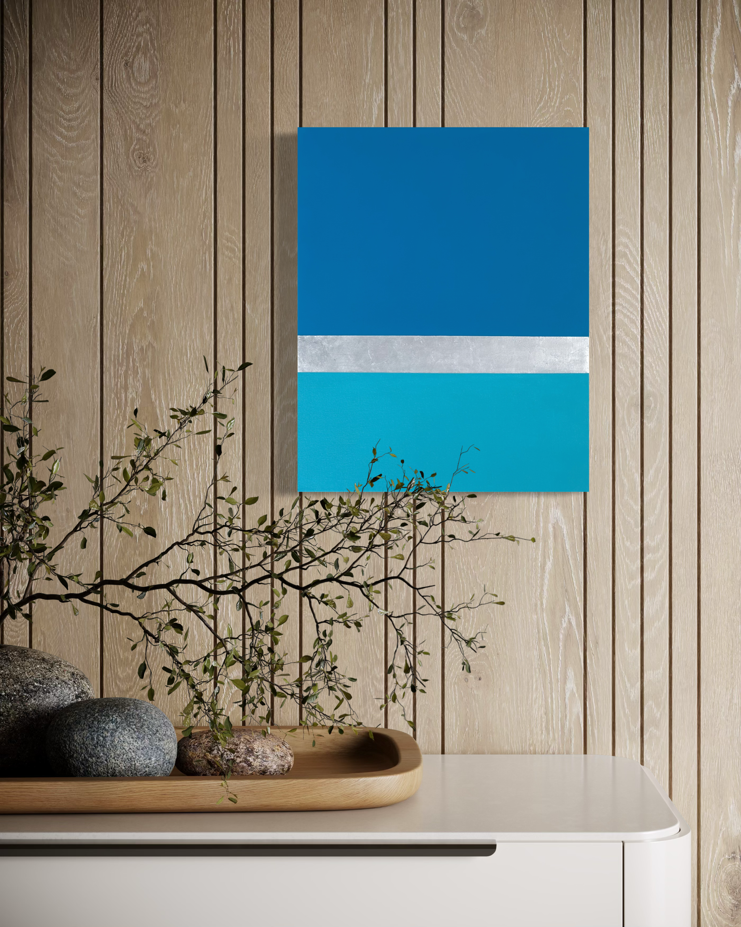 Line Call No.06, minimalist tennis-inspired mixed media painting with silver leaf by Megumi Yoshida