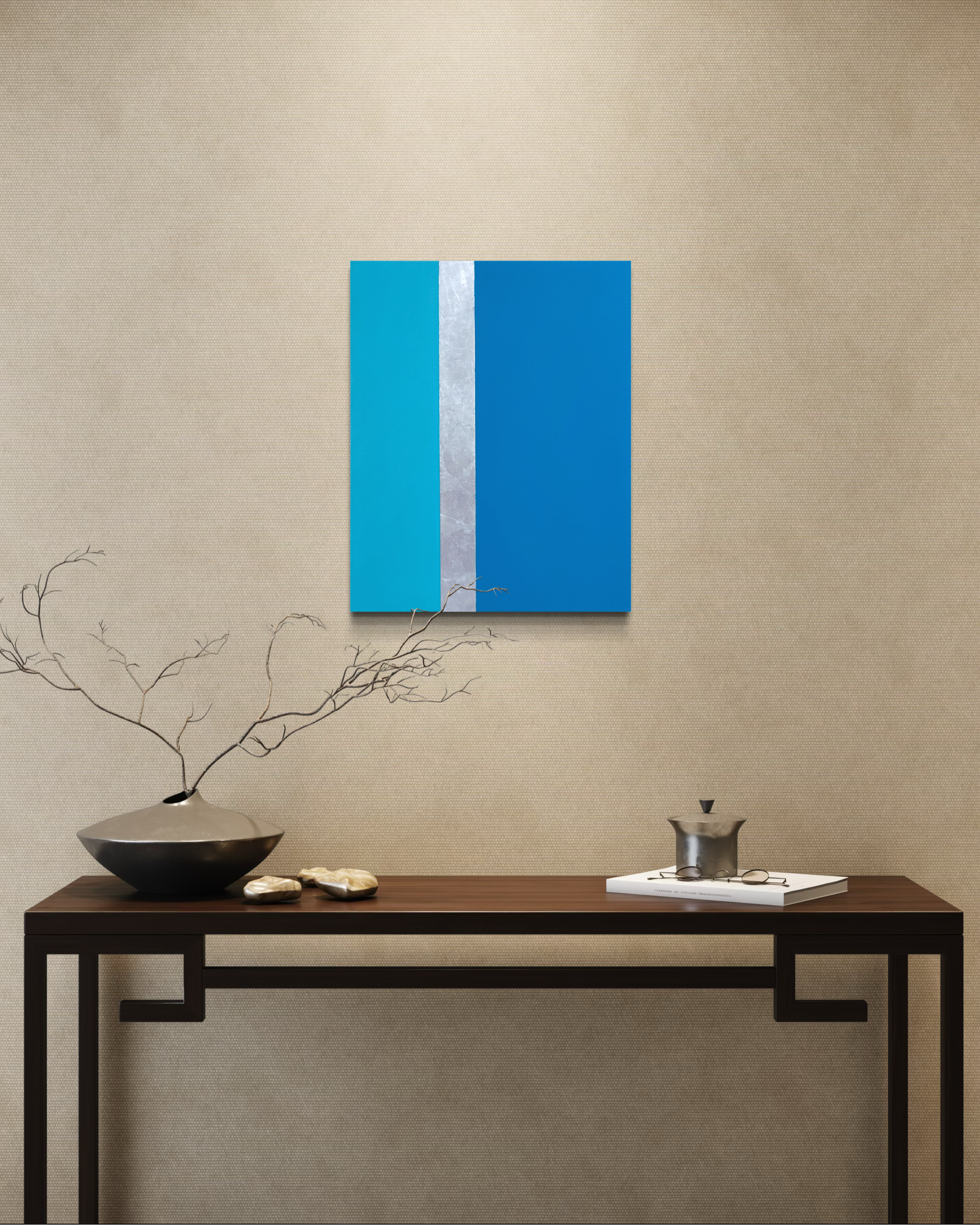 Line Call, minimalist tennis-inspired mixed media painting with silver leaf by Megumi Yoshida