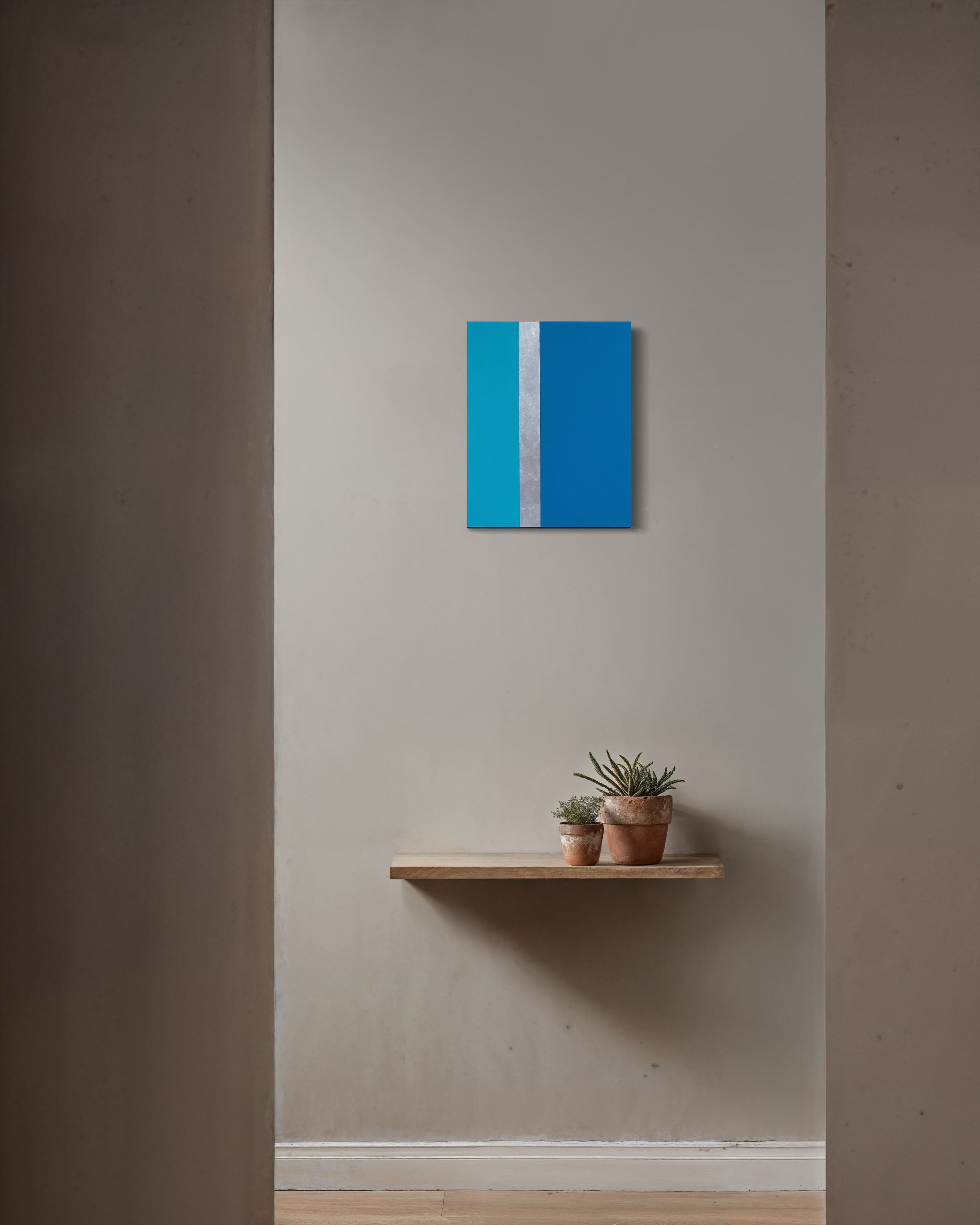 Line Call, minimalist tennis-inspired mixed media painting with silver leaf by Megumi Yoshida