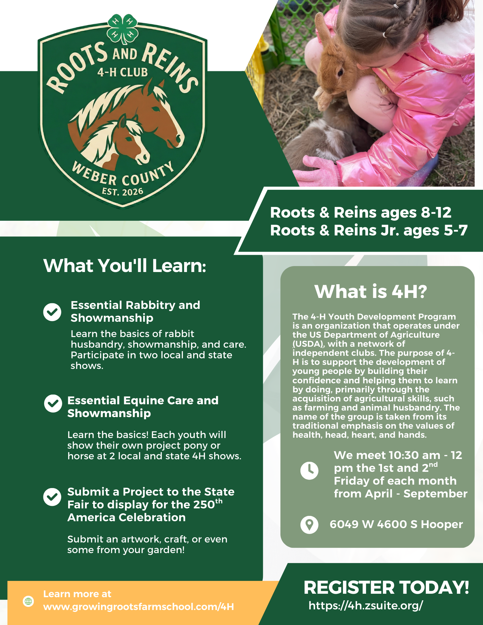 Flyer for Roots & Reins 4-H Club in Weber County with a logo featuring two horses and girl holding bunny, and text about 4-H youth programs, meeting times, location, and registration information.