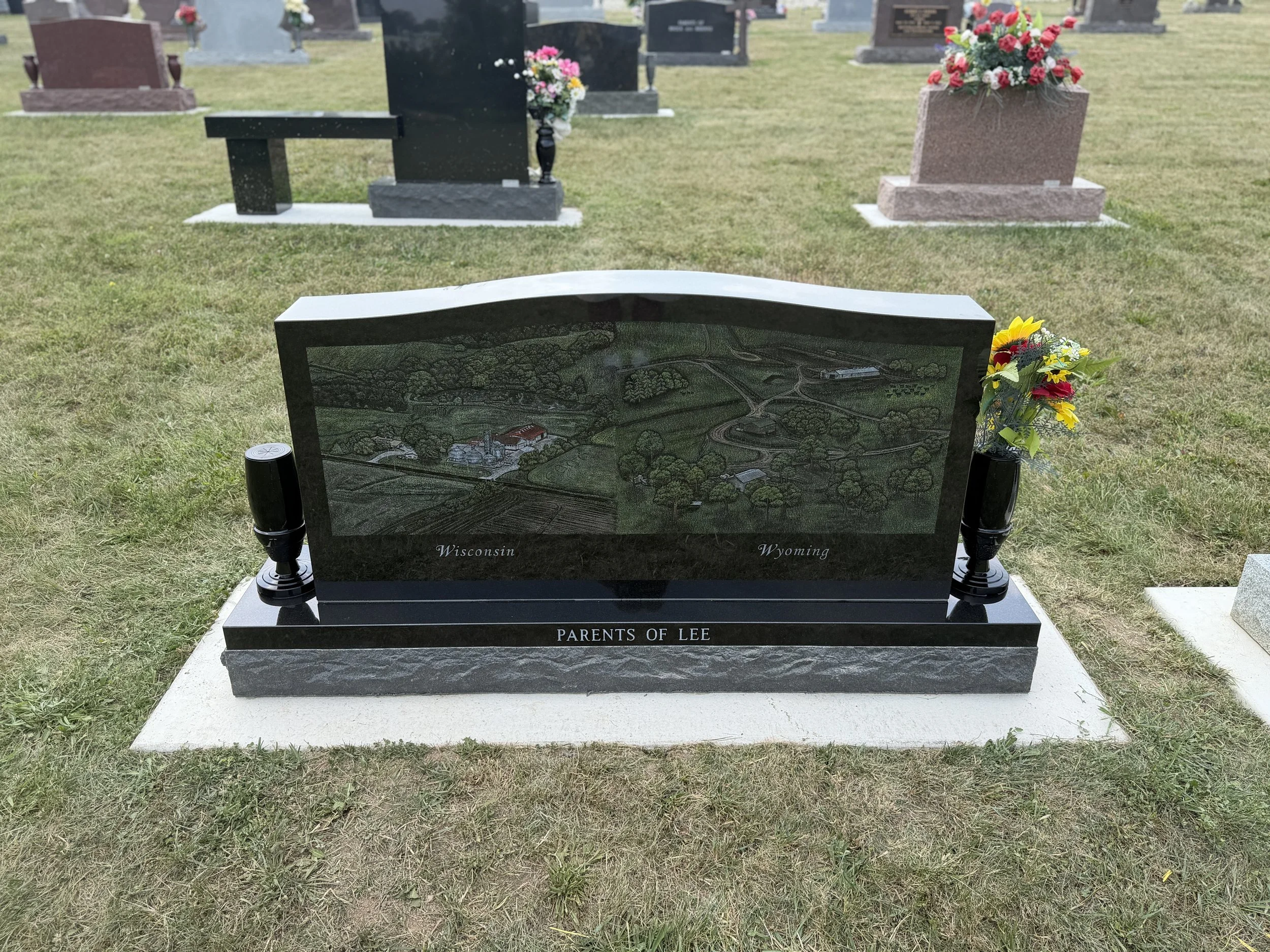Black Cemetery Monument with Etching of Farm Scene in WI by Timeless Tribute Memorials