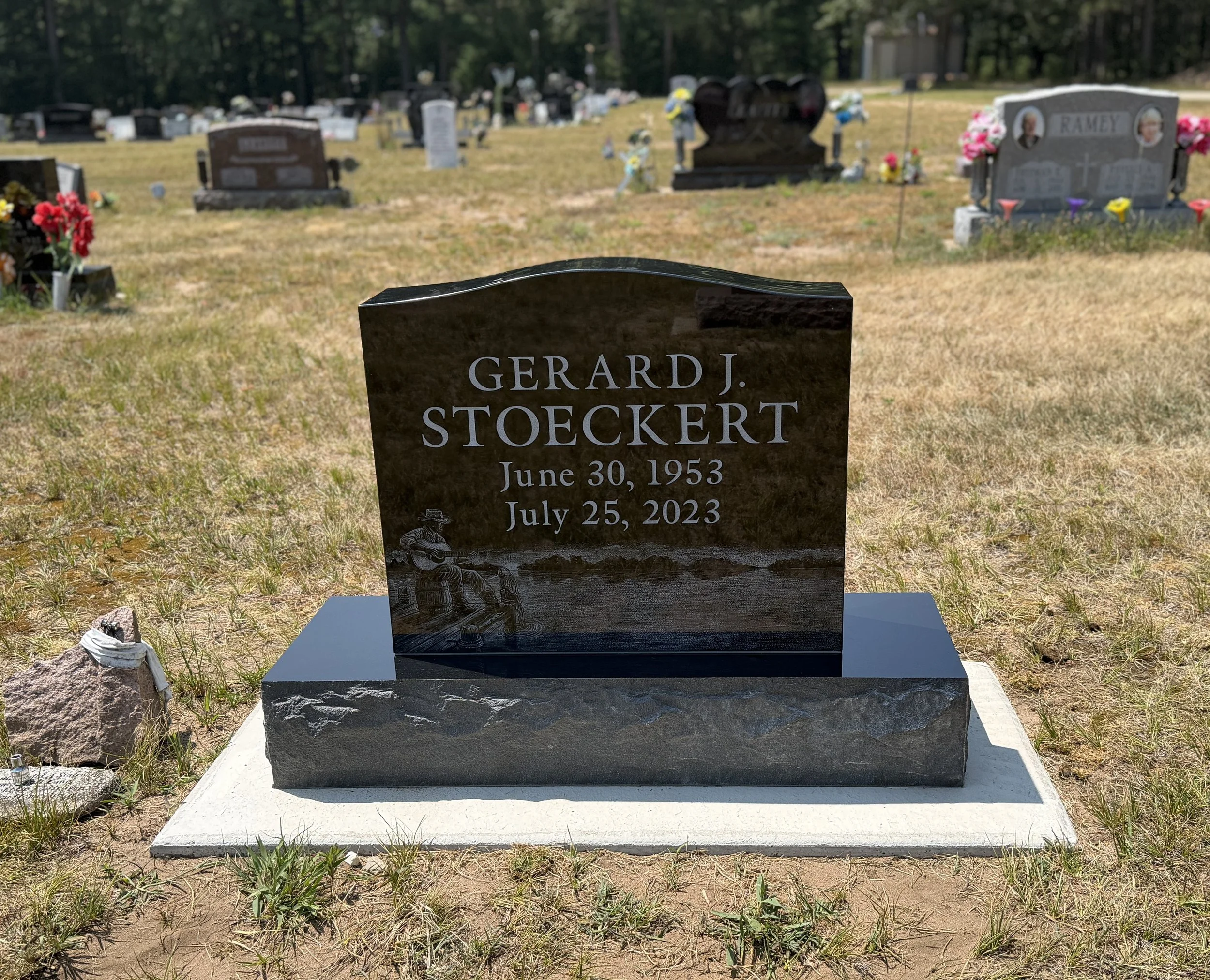 Black Cemetery Monument with Etching of Custom Scene by Timeless Tribute Memorials in Wisconsin