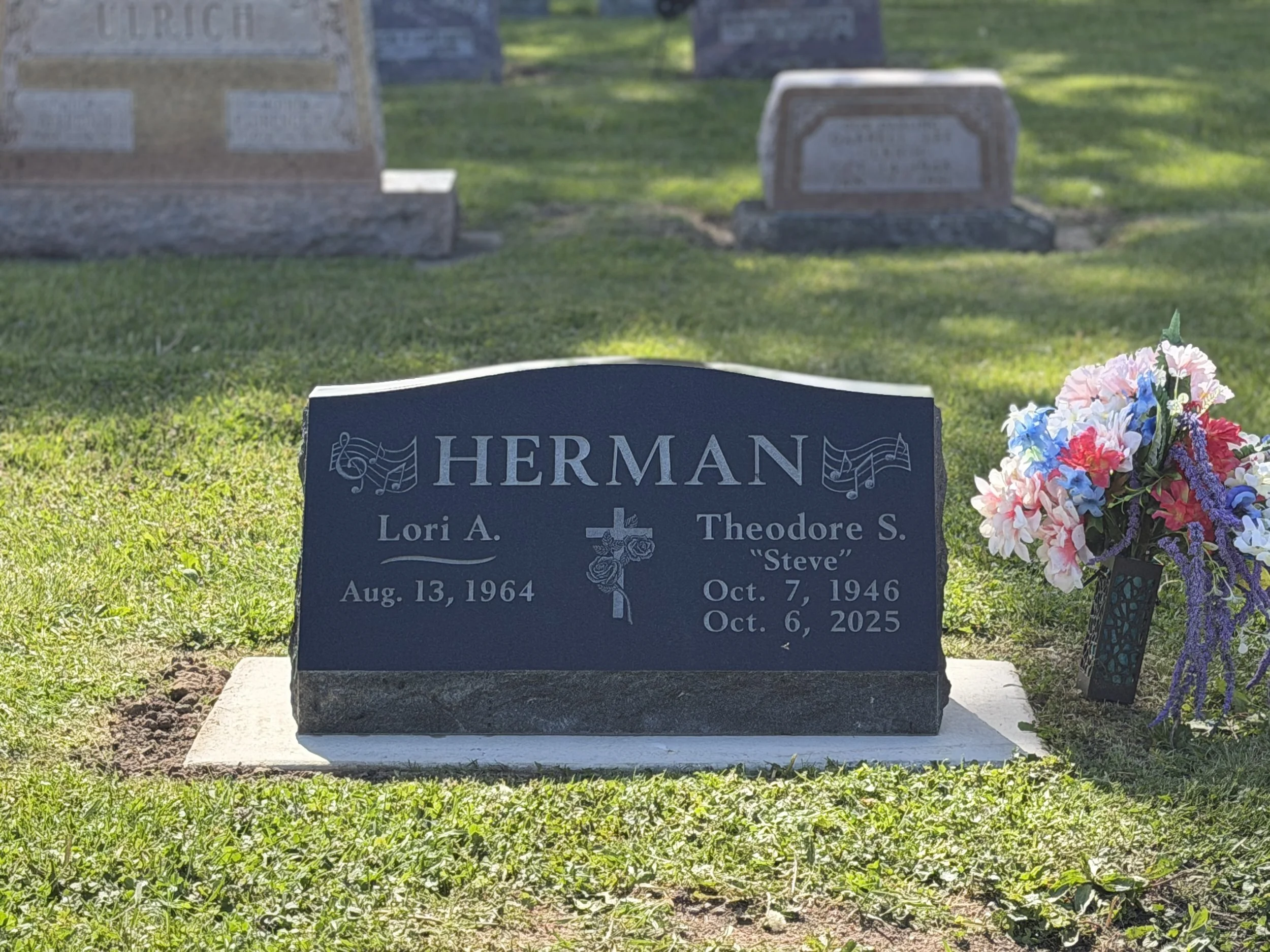 Black Cemetery Slant Marker with Etchings  by Timeless Tribute Memorials in Oshkosh