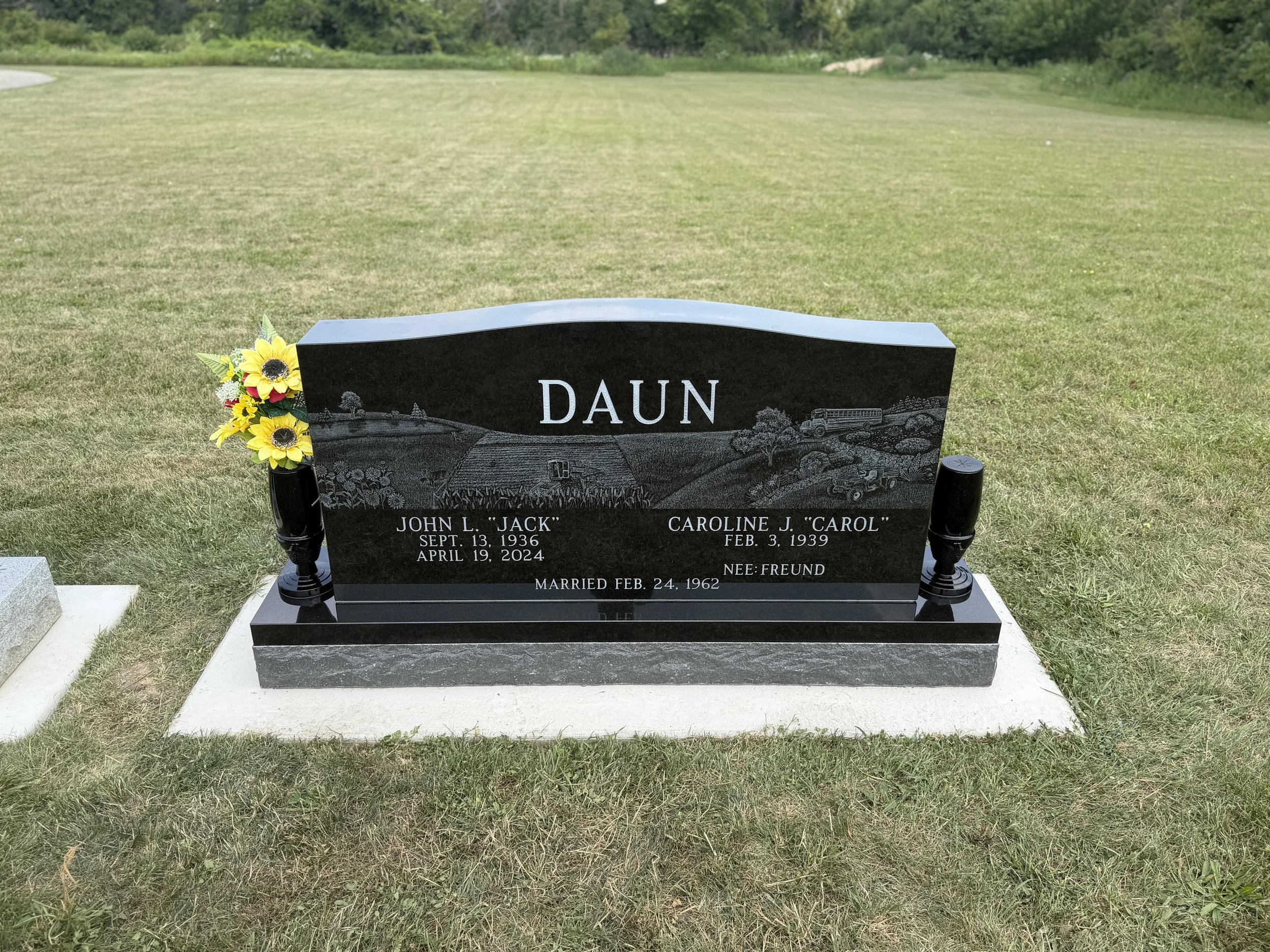 Black Cemetery Monument with Etching of Farm Scene in WI by Timeless Tribute Memorials