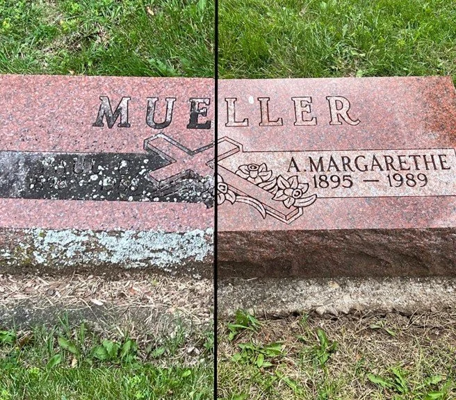 Headstone in Oshkosh, WI Before and After Cleaning by Timeless Tribute Memorials