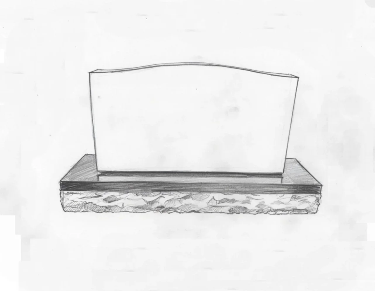 A pencil sketch of a Upright Monument headstone on a base, with a simple curved top and a rectangular shape. Oshkosh, WI