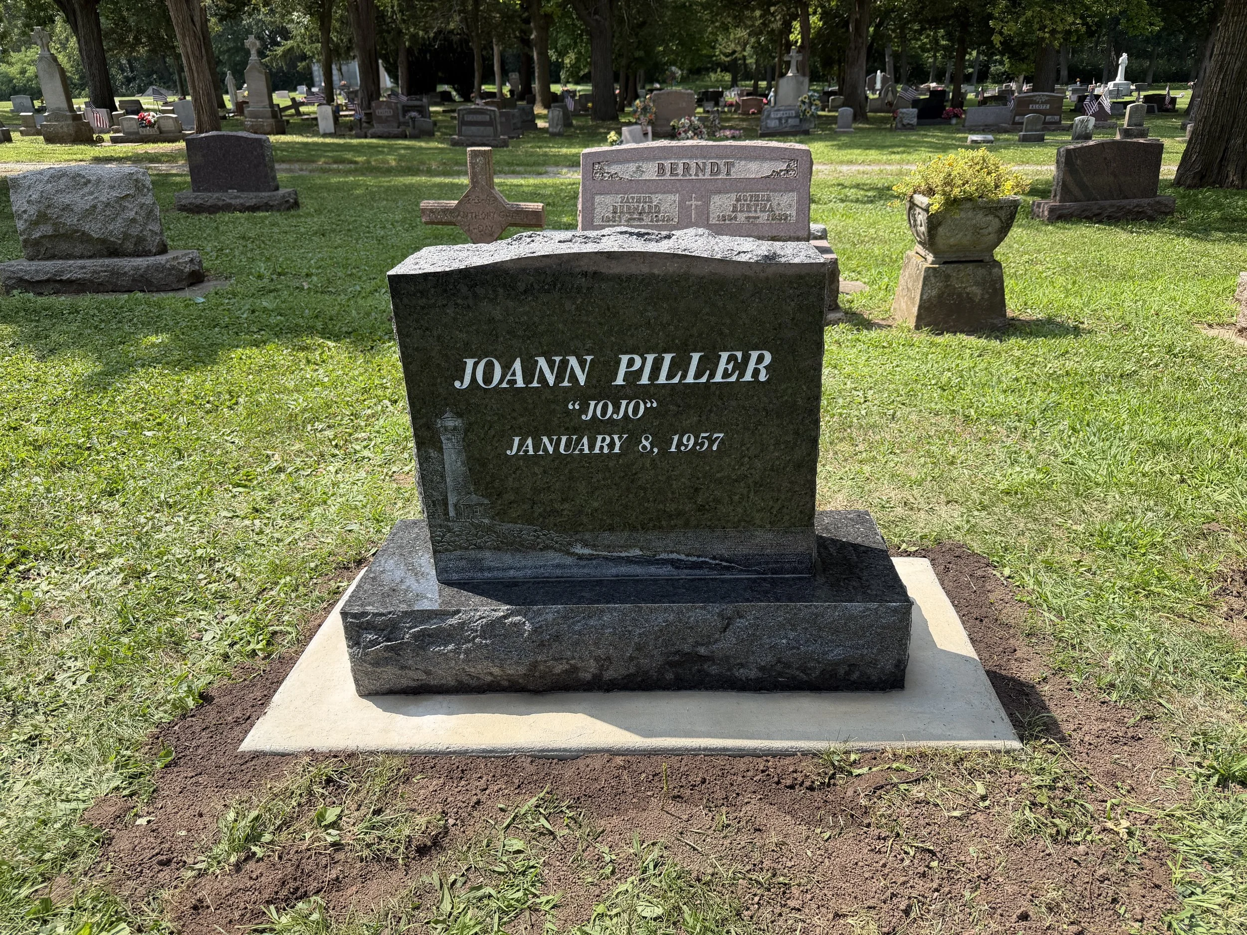 Black Cemetery Monument with Etching of Custom Lighthouse Scene by Timeless Tribute Memorials in Oshkosh