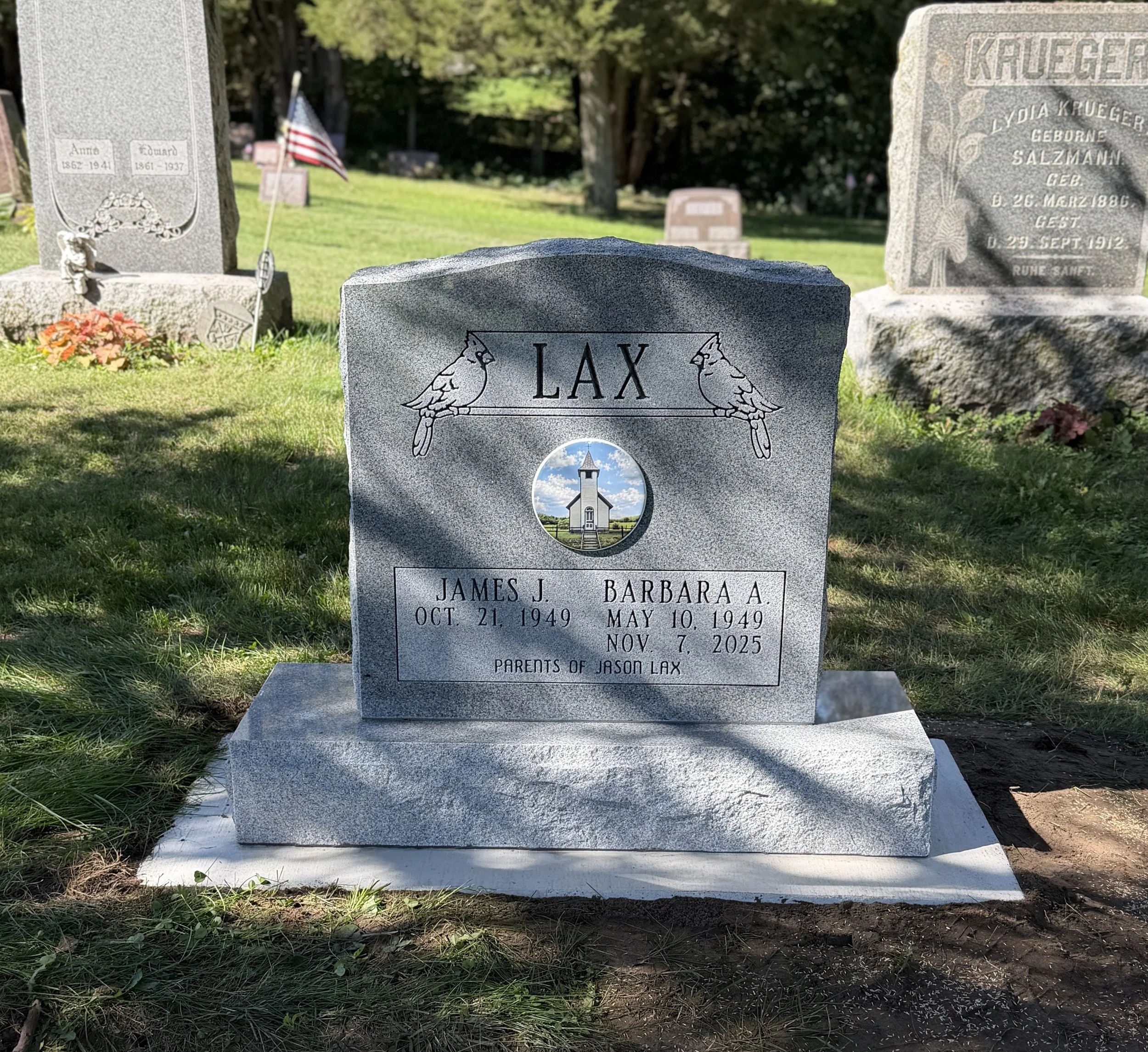 Companion Monument in Grey Granite with Colored Porcelain Picture. Timeless Tribute Memorials Oshkosh, WI. 