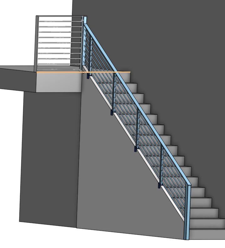 3D rendering of an outdoor staircase with a metal railing, leading from a balcony to the ground, with a gray wall and a gray concrete floor.