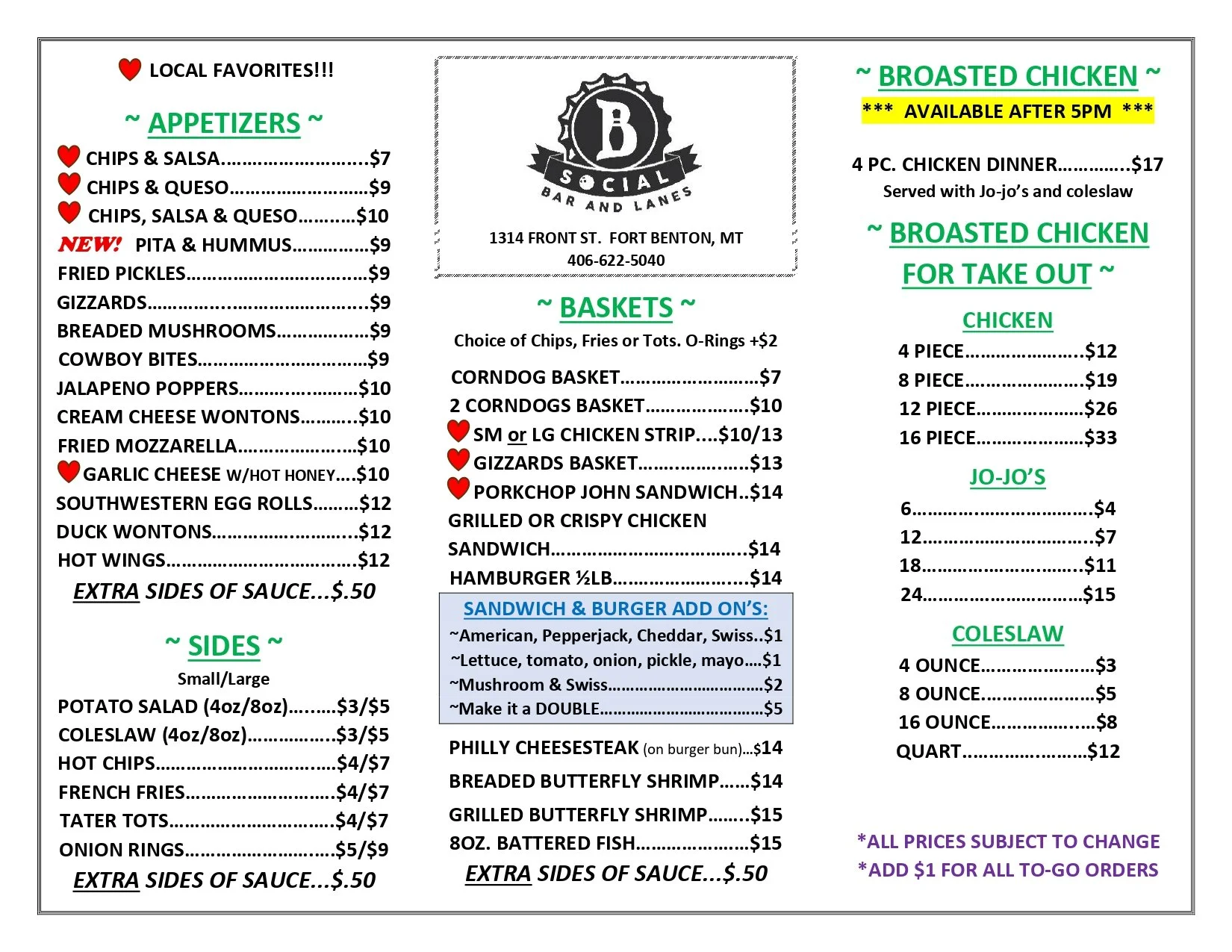 Menu from a local bar and lanes featuring appetizers, baskets, fried chicken, takeout options, sides, and add-ons. Prices are listed for each item, with some items marked as new or popular. The bar includes items like chips, salsa, queso, hummus, pickles, gizzards, mushrooms, cheese, wings, and various sized chicken baskets. Sides include potato salad, coleslaw, chips, fries, tots, onions, and extra sauce, with options for add-ons like cheese, lettuce, and mushrooms. Fried chicken is available for takeout in different portions with prices, and there are seafood options and extra sauces.