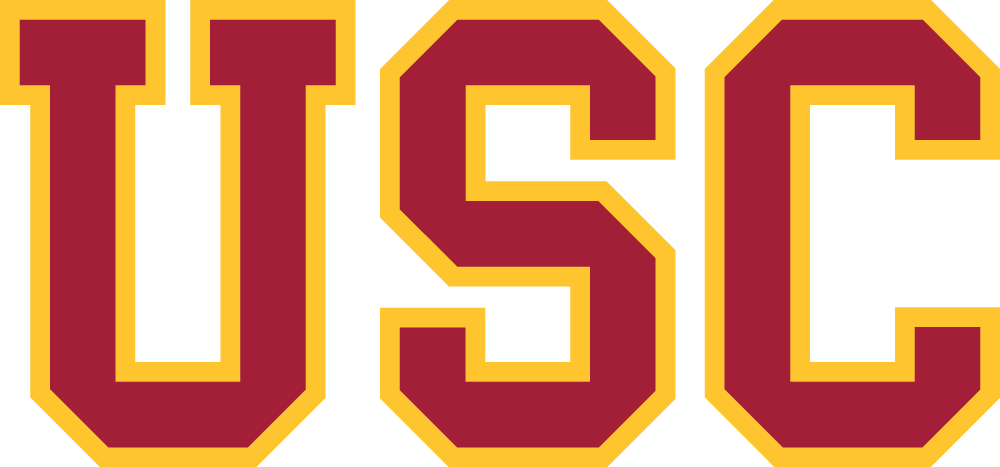 Close-up of the letters USC in maroon with a gold outline.