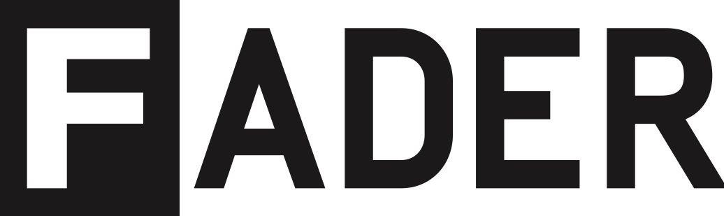 Close-up of a black and white FADER magazine logo with bold text.
