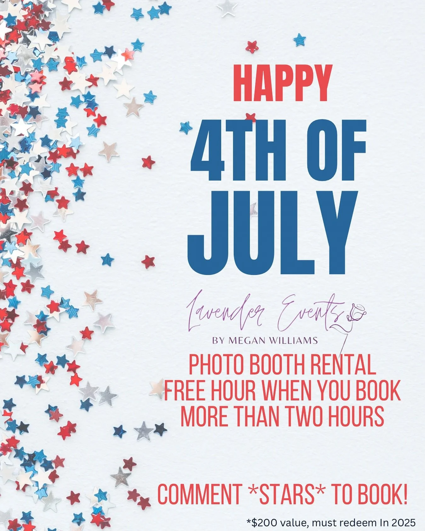 It&rsquo;s officially JULY! Let&rsquo;s get this party started! Interested in booking our Lavender Events Photo Booth? Through Saturday, book the Photo Booth for a birthday party, bridal or baby shower, fundraiser, wedding, corporate event &amp; save