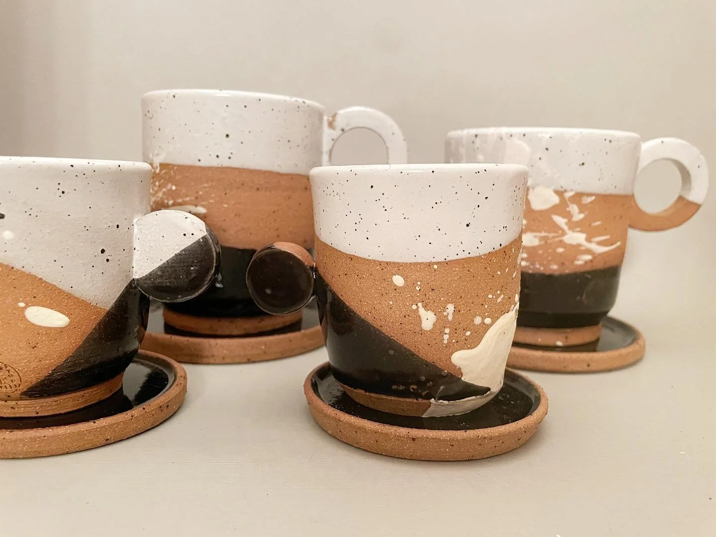 Cups and saucers! This was an order for @discofruitfashion. Two coffee mugs and two espresso cups, with saucers, a birthday gift for @hobotus. It hadn&rsquo;t occurred to me to make saucers. Do you prefer a saucer with your cup?