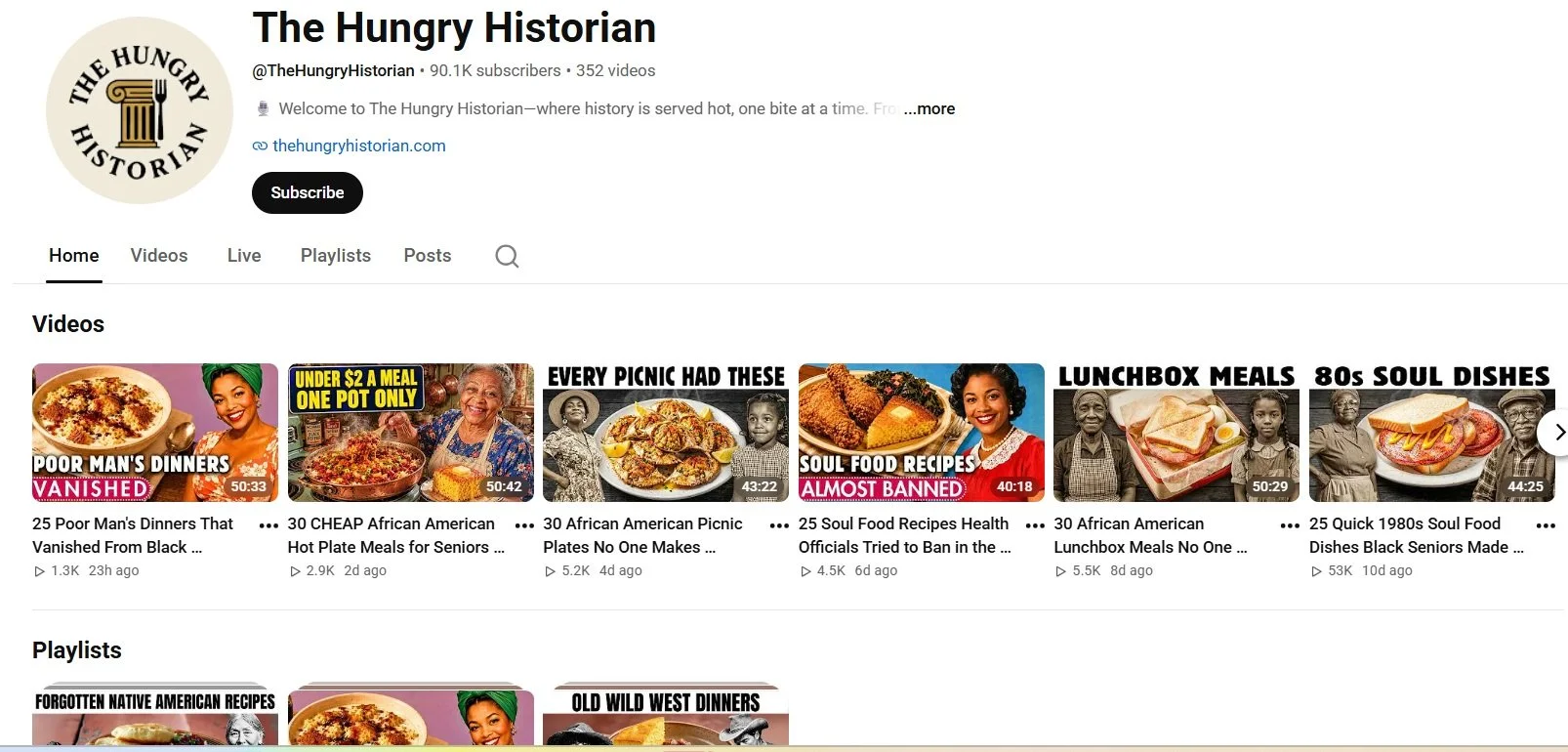 screenshot of The Hungry Historian Youtube video homepage, with several video thumbnails that have AI rendered Black people in retro looking clothes.