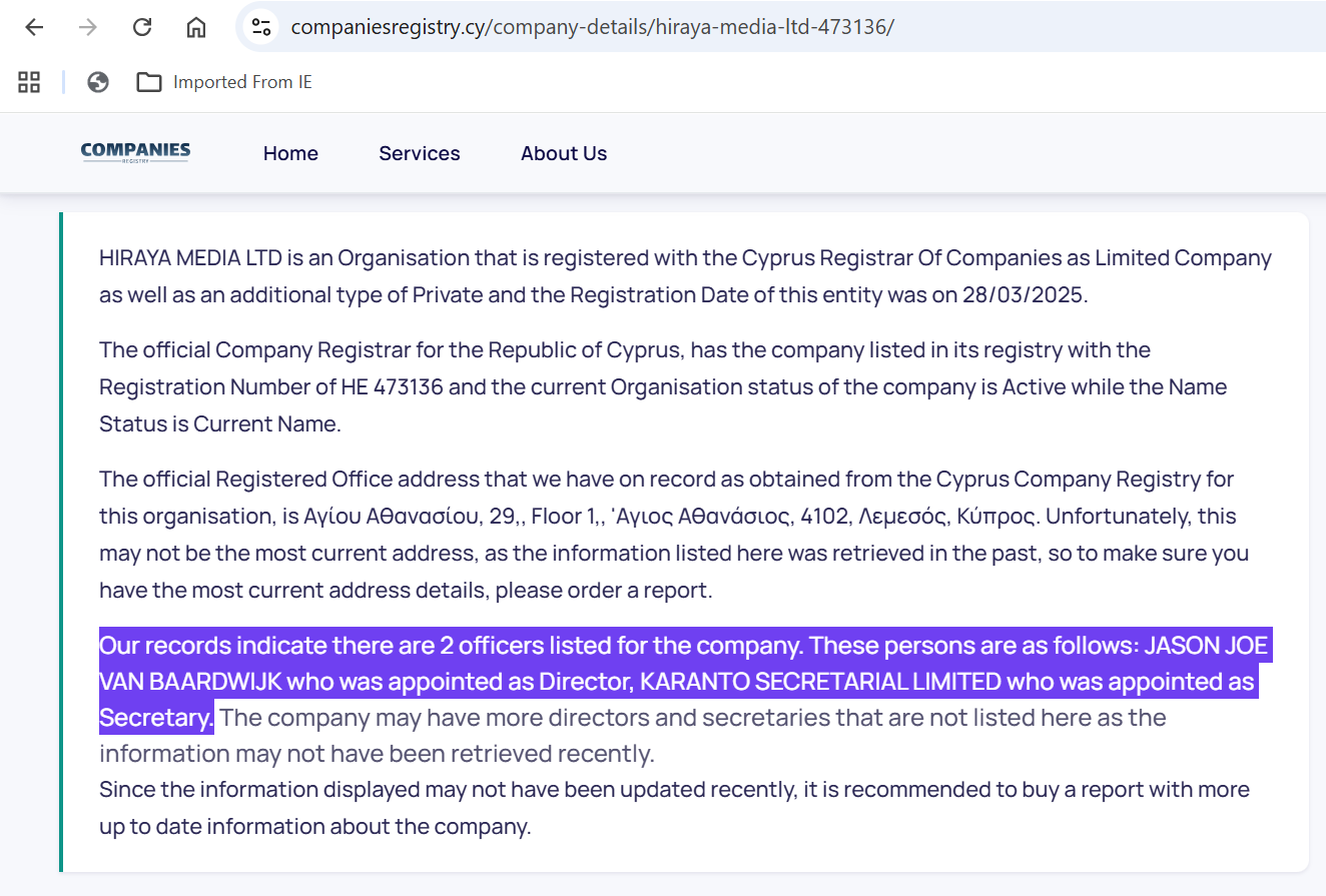 screenshot of registry info: "Our records indicate that there are 2 officers listed for the company. These persons are as follows: JASON JOE VAN BAARDWIJK who was appointed as Director, KARANTO SECRETARIAL LIMITED who was appointed as Secretary."