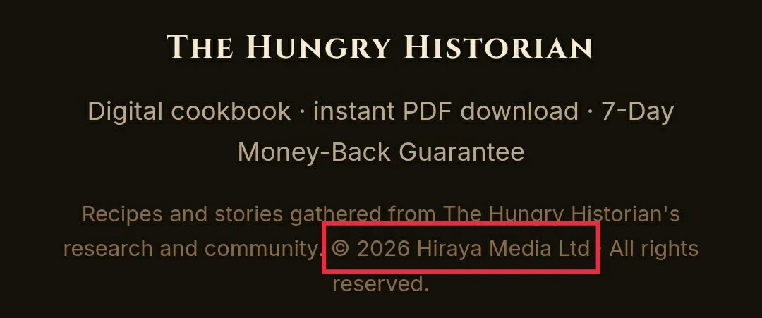 The Hungry Historian website footer, which has a copyright that reads "2026 Hiraya Media Ltd  All rights reserved."